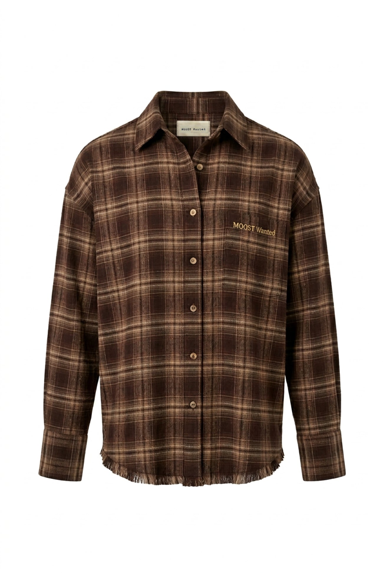 MOOST Wanted Celine Check Blouse Dark Brown geruite damesblouse met knopen, borstborduring en rafelrand