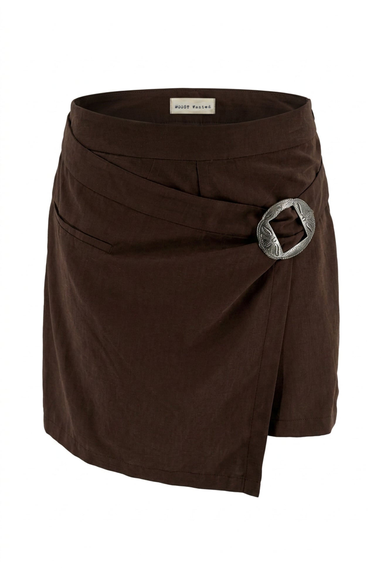 MOOST Wanted Saloon Skort Dark Brown donkerbruine skort met overslag en decoratieve metalen gesp