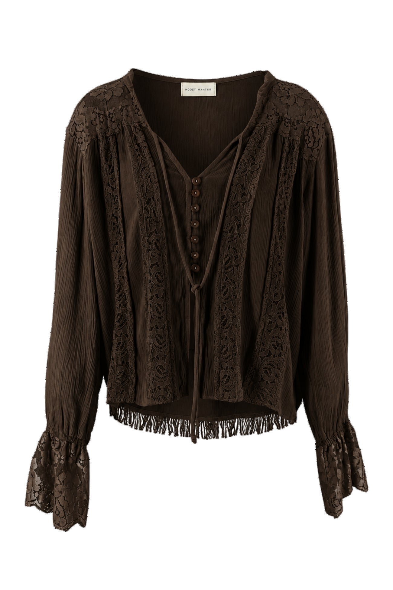 MOOST Wanted Nadia Lace Blouse Dark Brown donkerbruine kanten boho blouse met franjes en lange mouwen