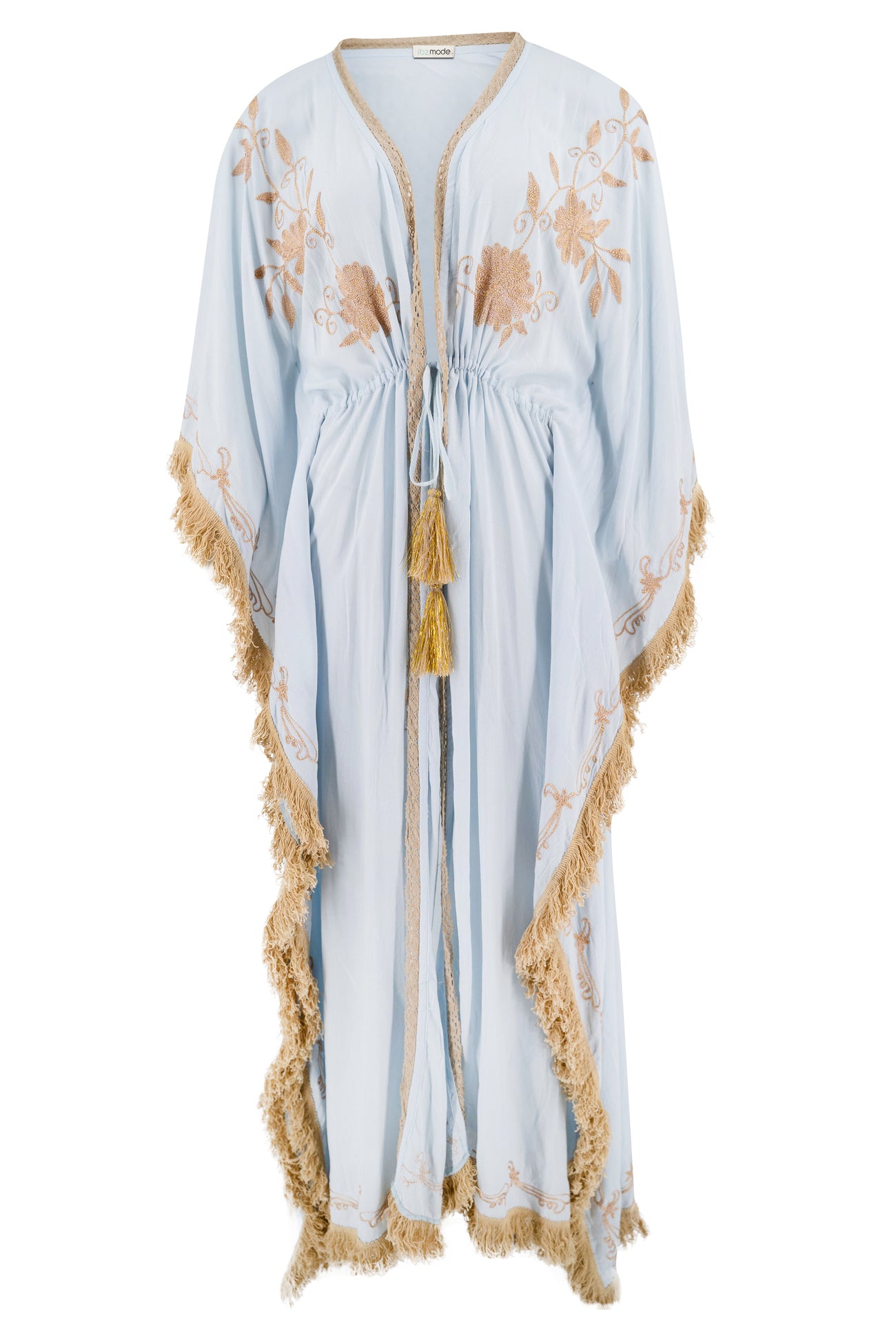 Bohemian kimono in pale blue van ibzmode, Brands of Ibiza