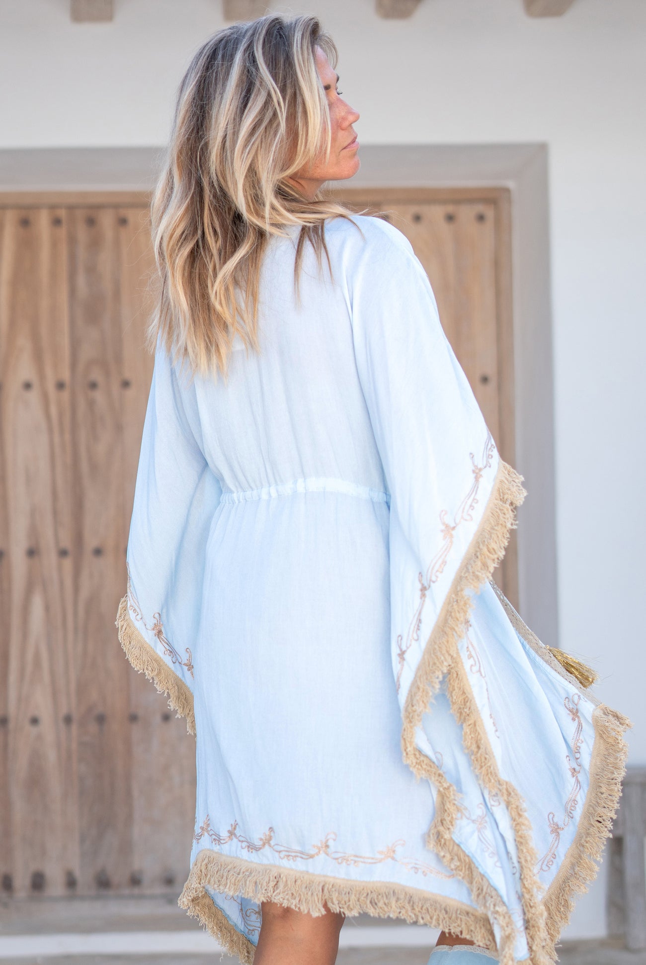 Bohemian kimono in pale blue van ibzmode, Brands of Ibiza