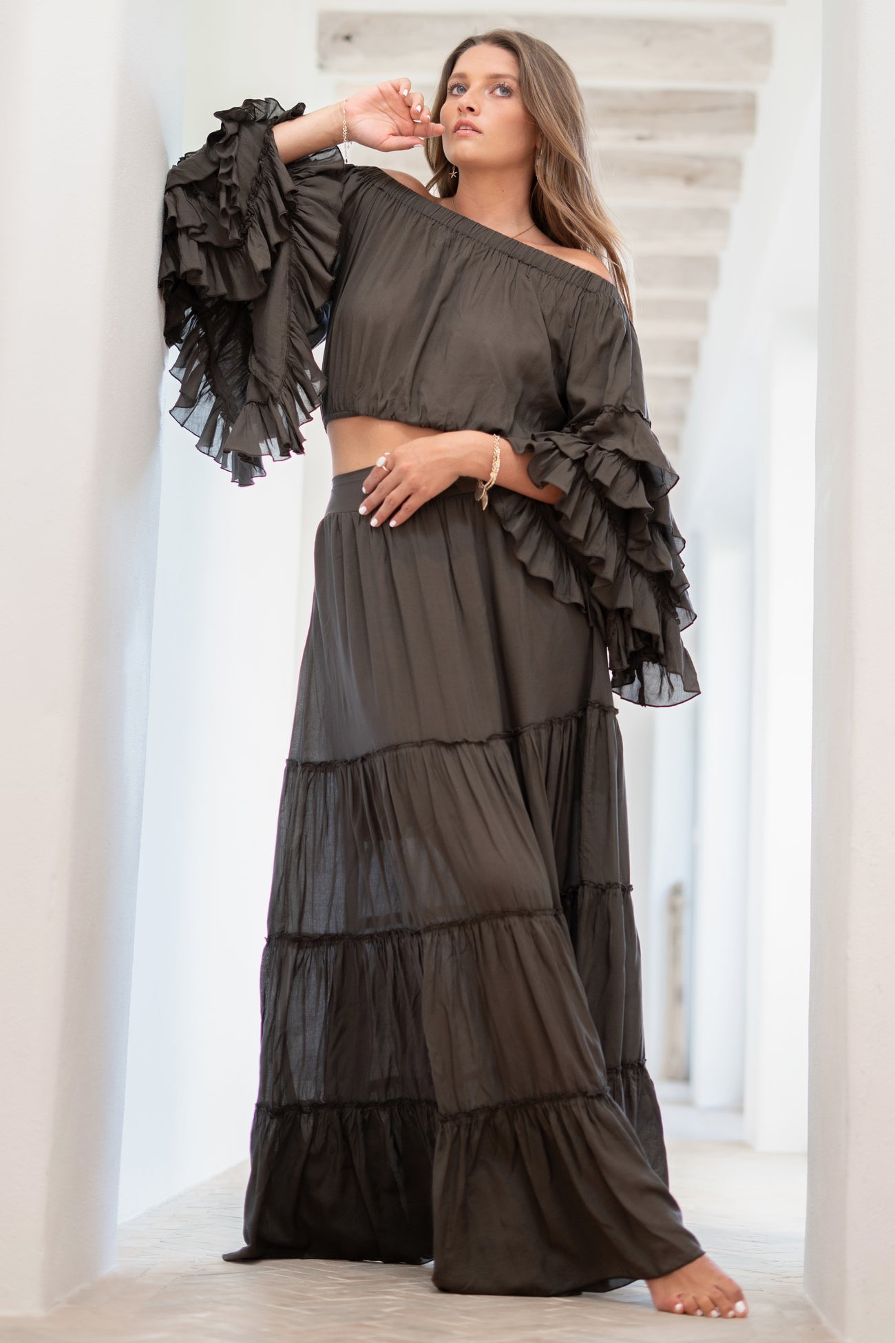 Bohemian rok in dark taupe van ibzmode, Brands of Ibiza