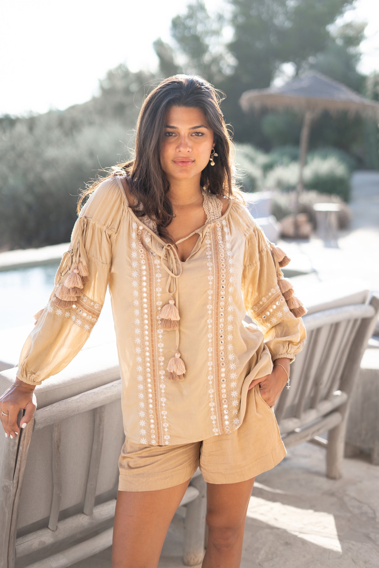 Bohemian blouse in light taupe van ibzmode, Brands of Ibiza