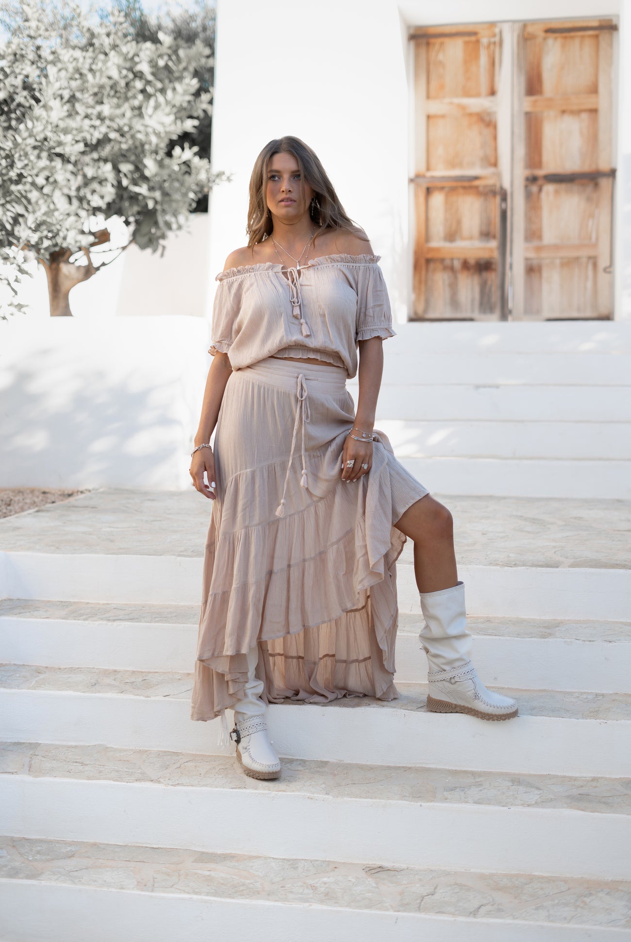 Bohemian rok in light taupe van ibzmode, Brands of Ibiza