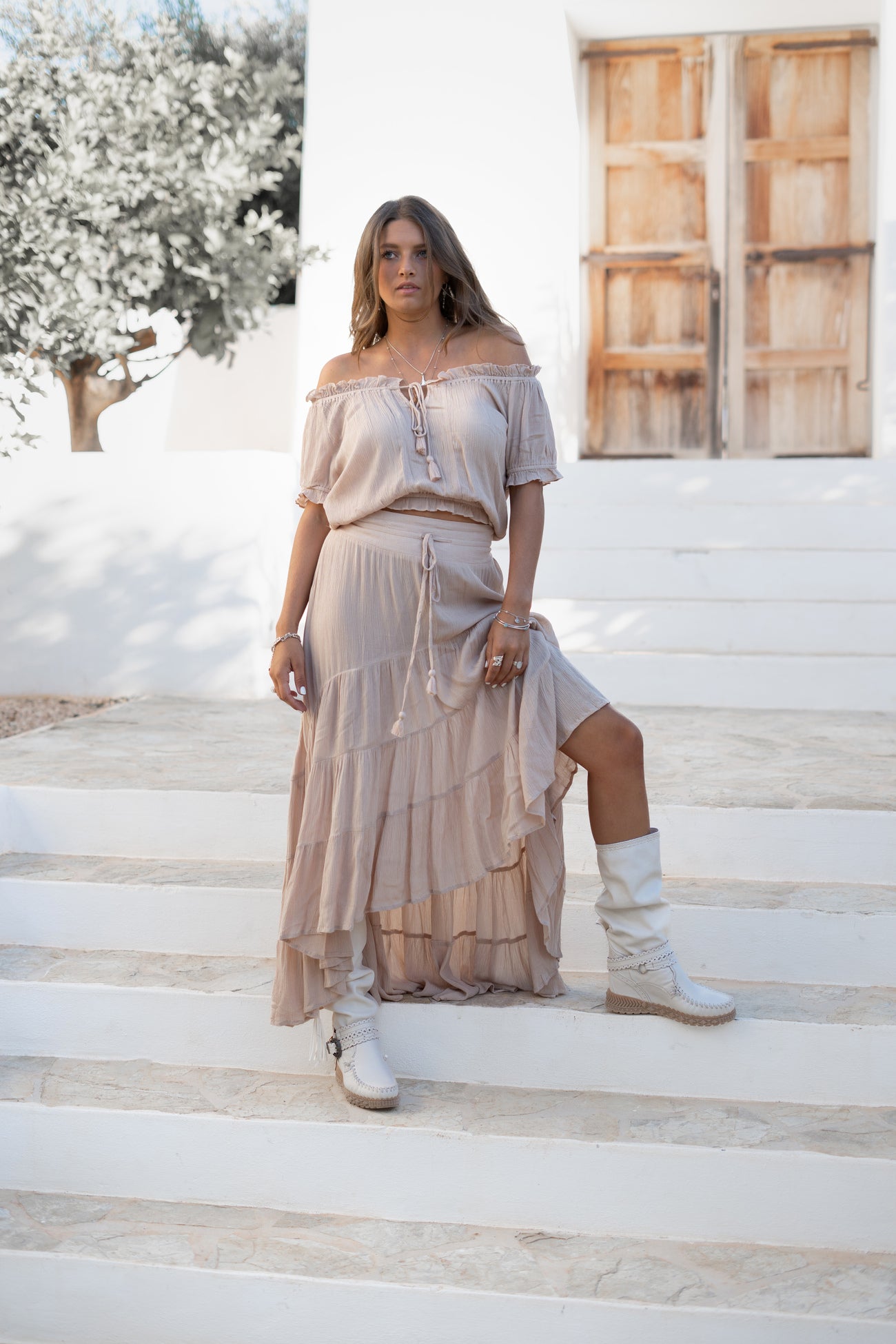 Bohemian rok in light taupe van ibzmode, Brands of Ibiza