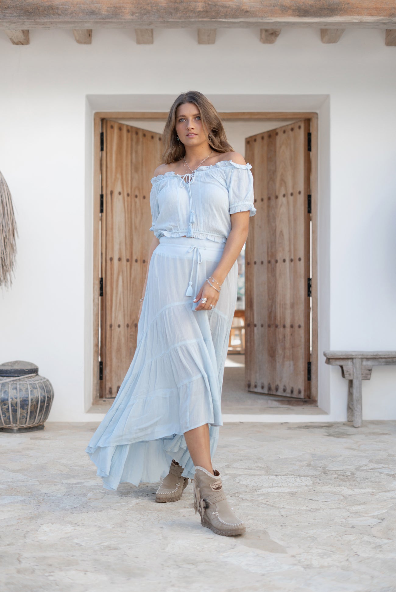 Bohemian top in pale blue van ibzmode, Brands of Ibiza
