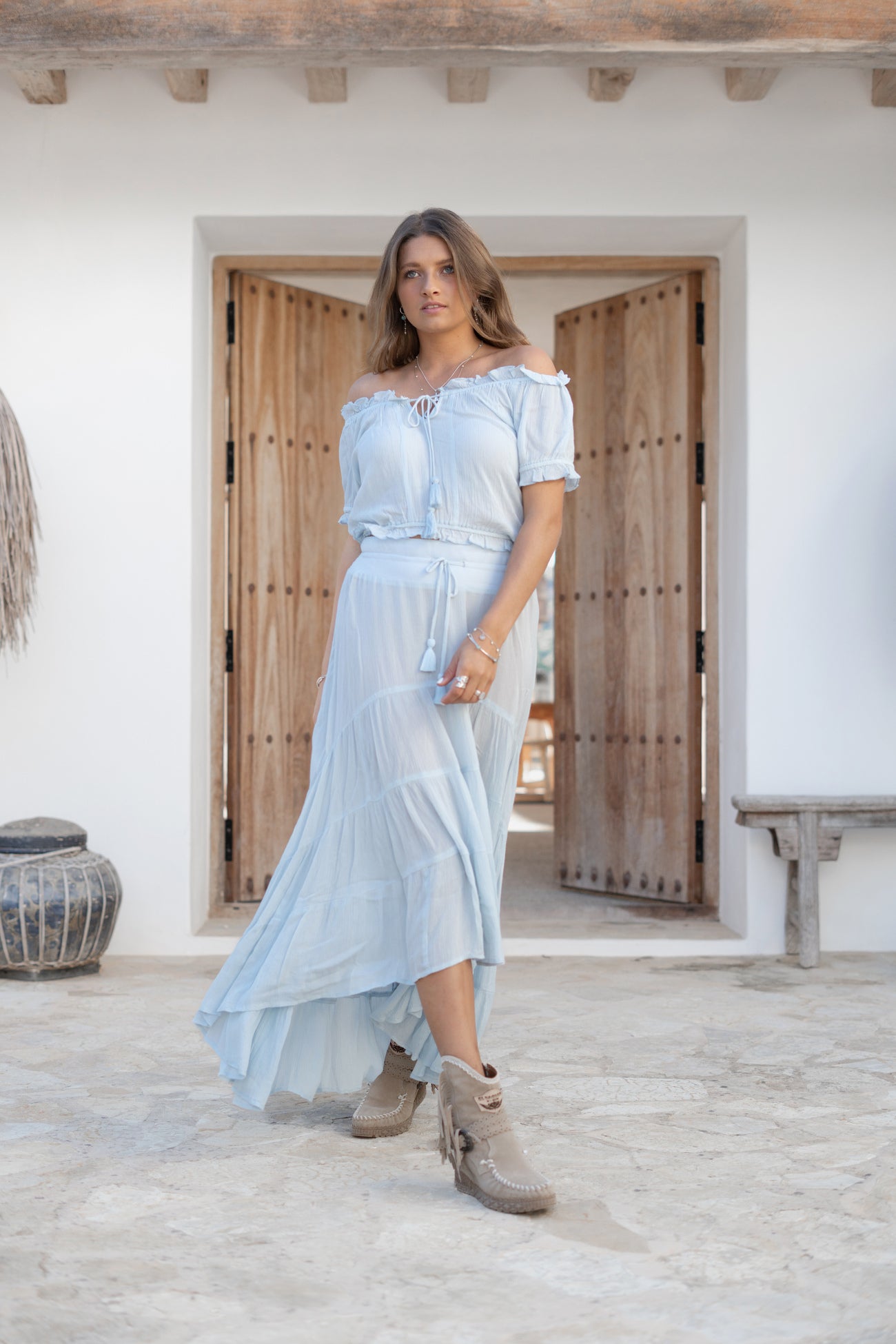 Bohemian top in pale blue van ibzmode, Brands of Ibiza