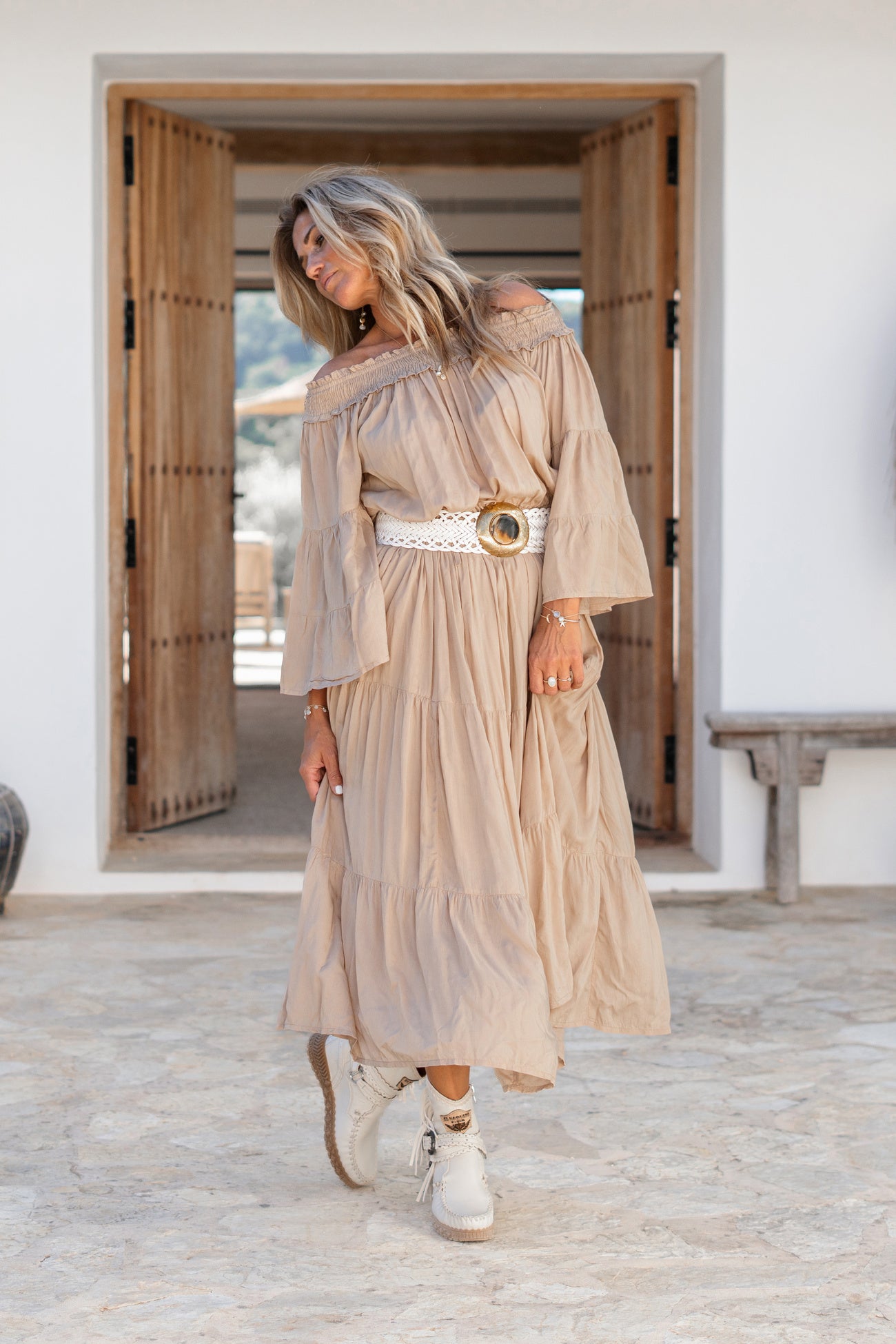 Bohemian jurk in light taupe van ibzmode, Brands of Ibiza