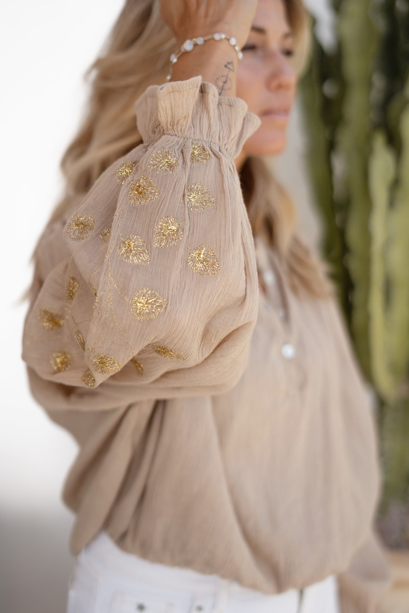 Bohemian blouse in light taupe van ibzmode, Brands of Ibiza