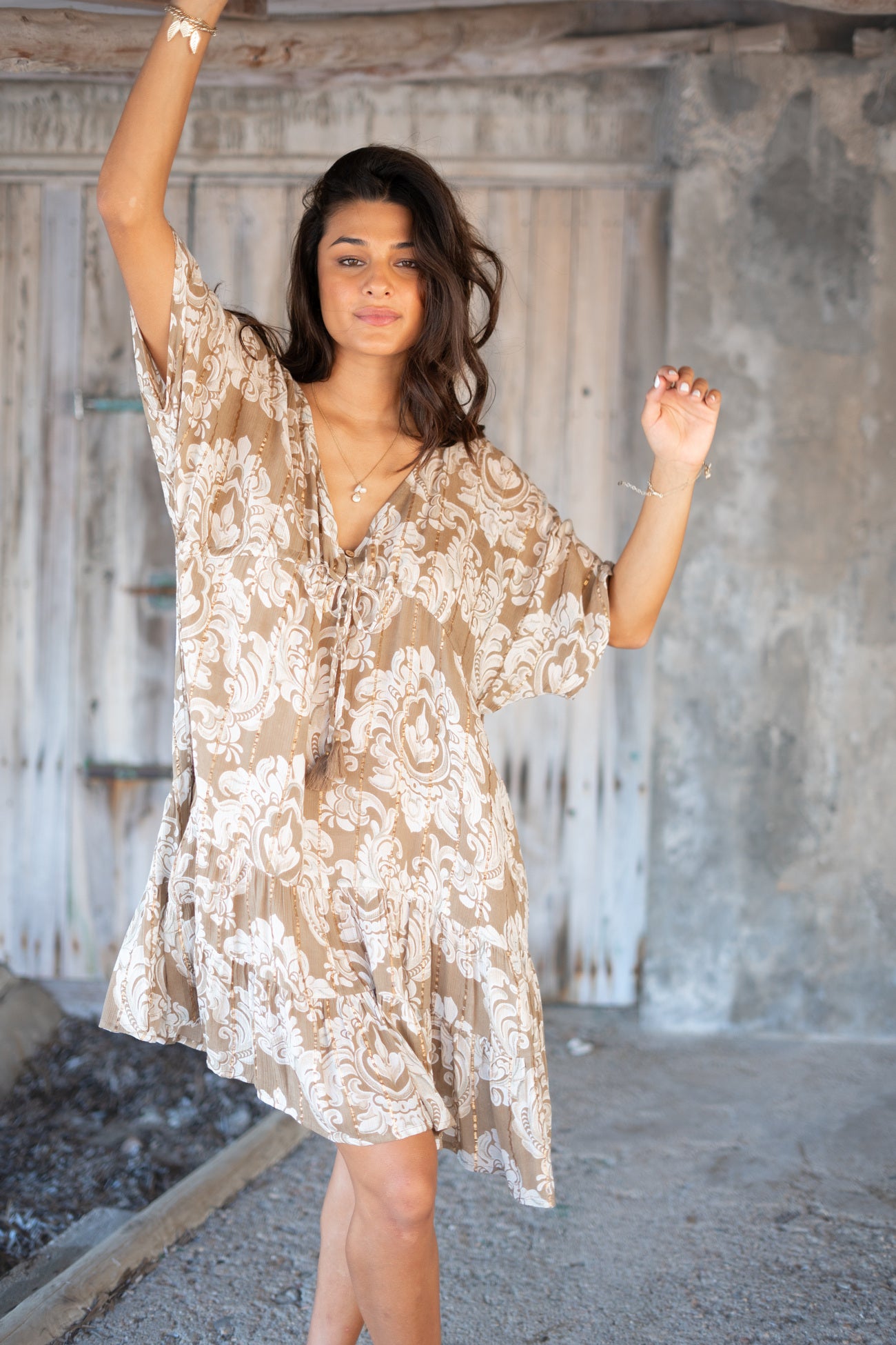 Bohemian jurk in taupe van ibzmode, Brands of Ibiza