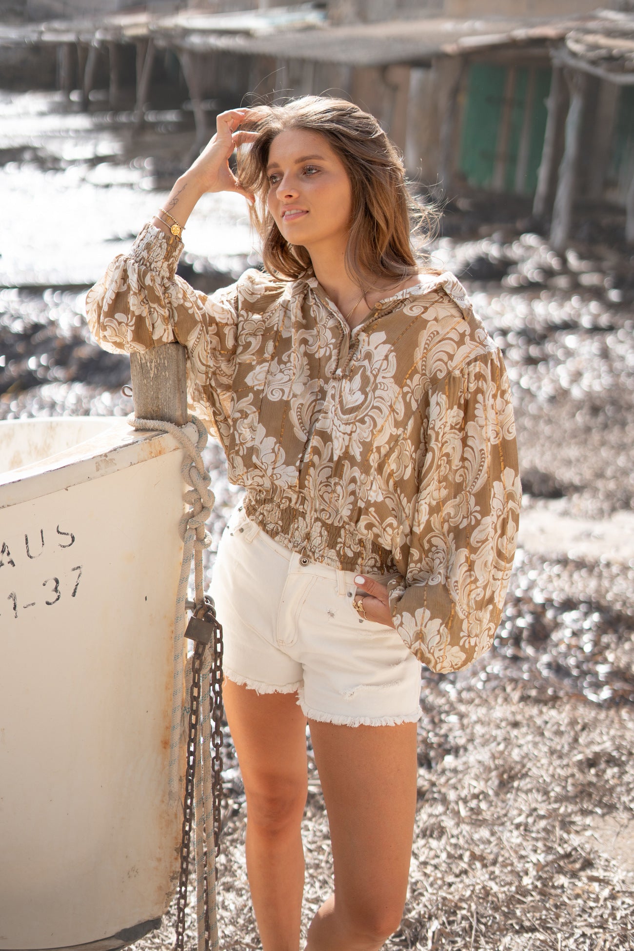 Bohemian blouse in taupe van ibzmode, Brands of Ibiza