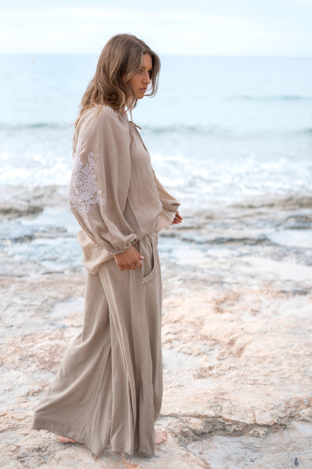 Bohemian blouse in light taupe van ibzmode, Brands of Ibiza