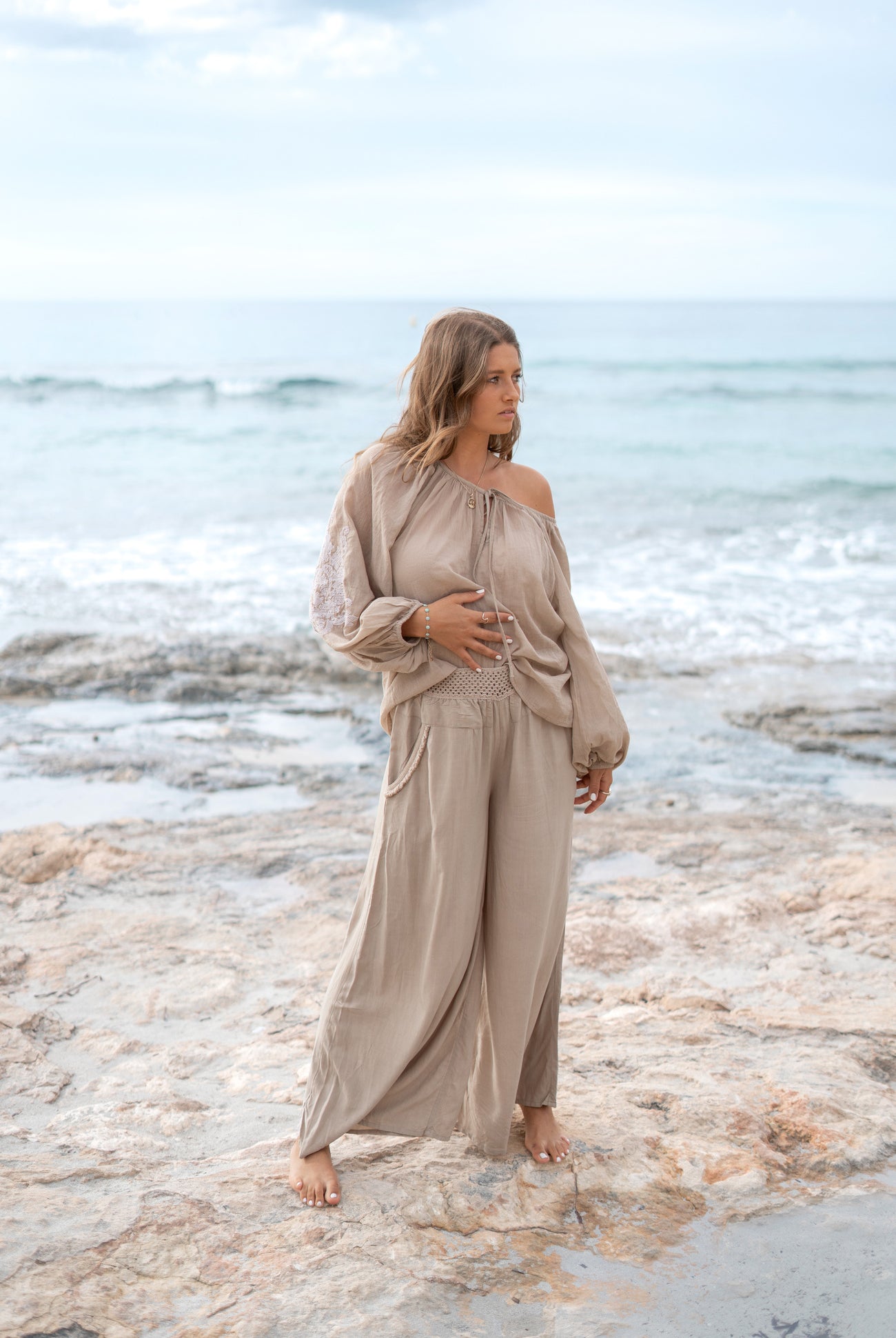 Bohemian blouse in light taupe van ibzmode, Brands of Ibiza