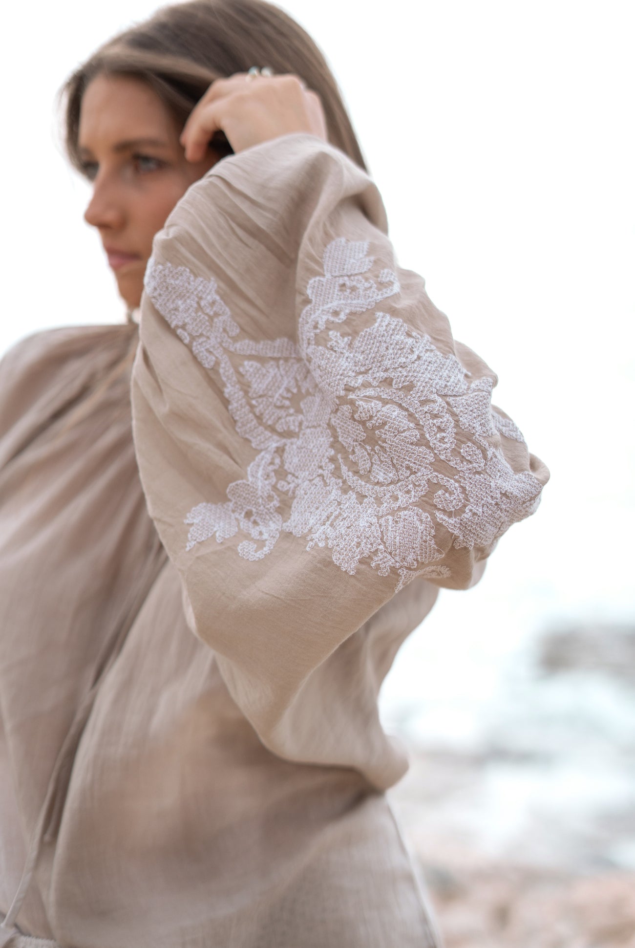 Bohemian blouse in light taupe van ibzmode, Brands of Ibiza