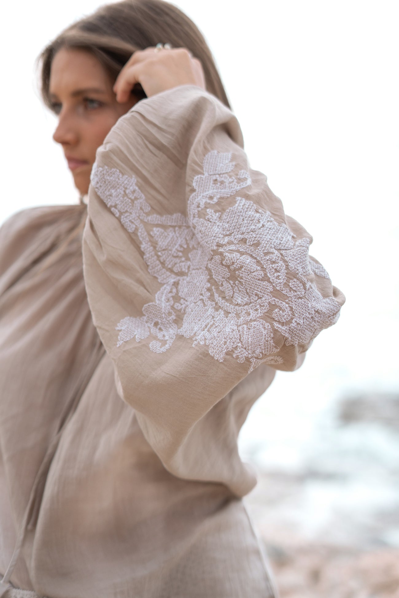 Bohemian blouse in light taupe van ibzmode, Brands of Ibiza