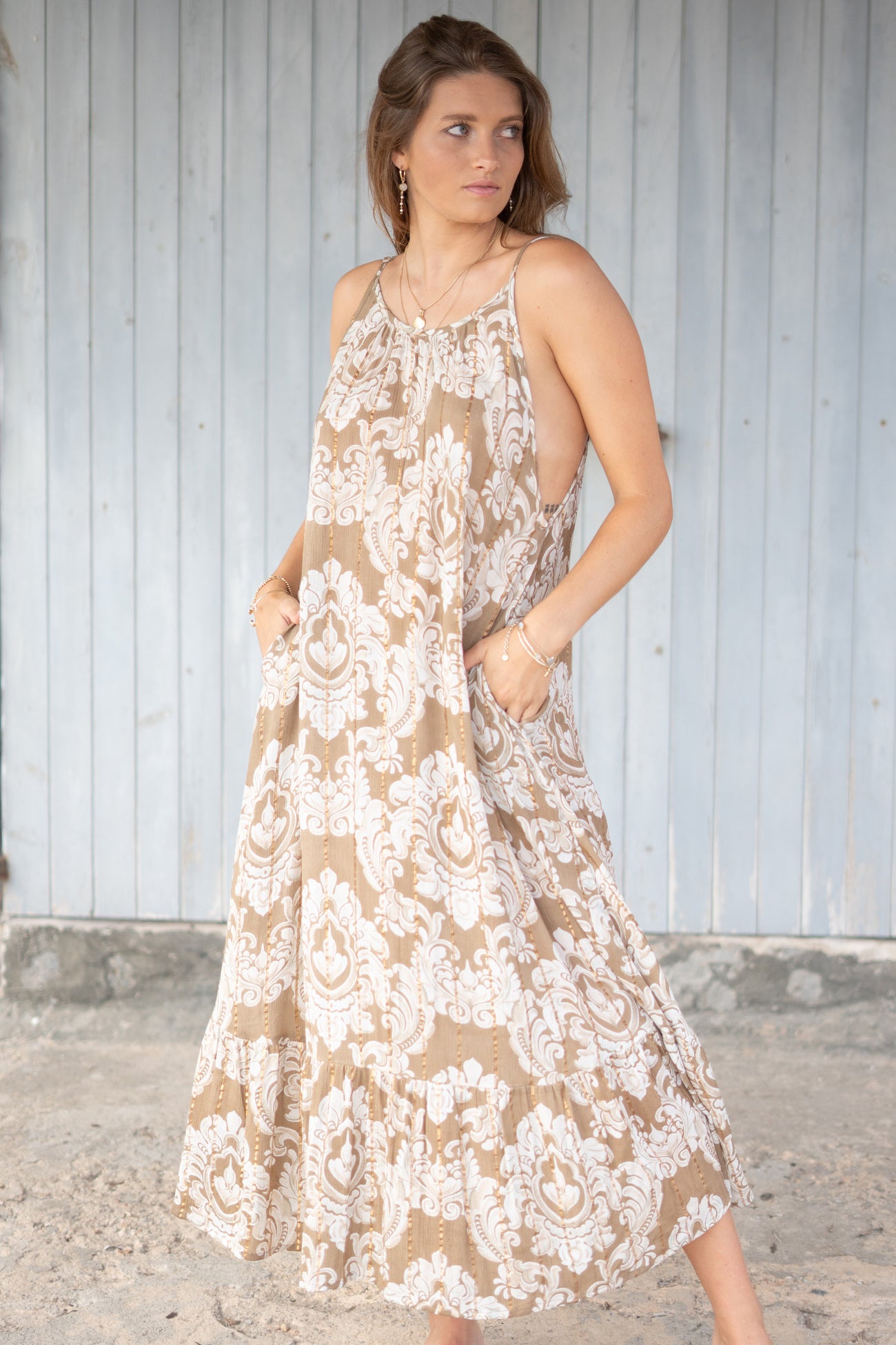 Bohemian jurk in taupe van ibzmode, Brands of Ibiza