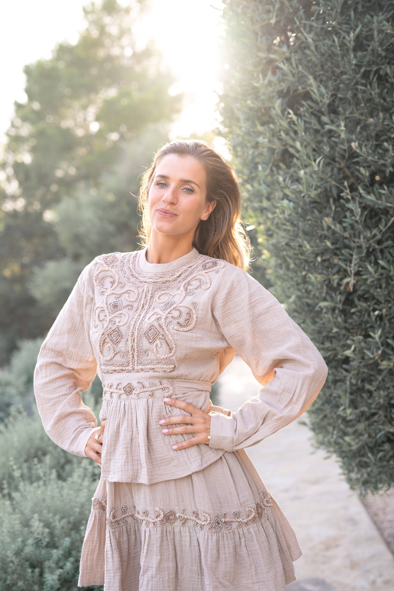 Bohemian blouse in light taupe van ibzmode, Brands of Ibiza