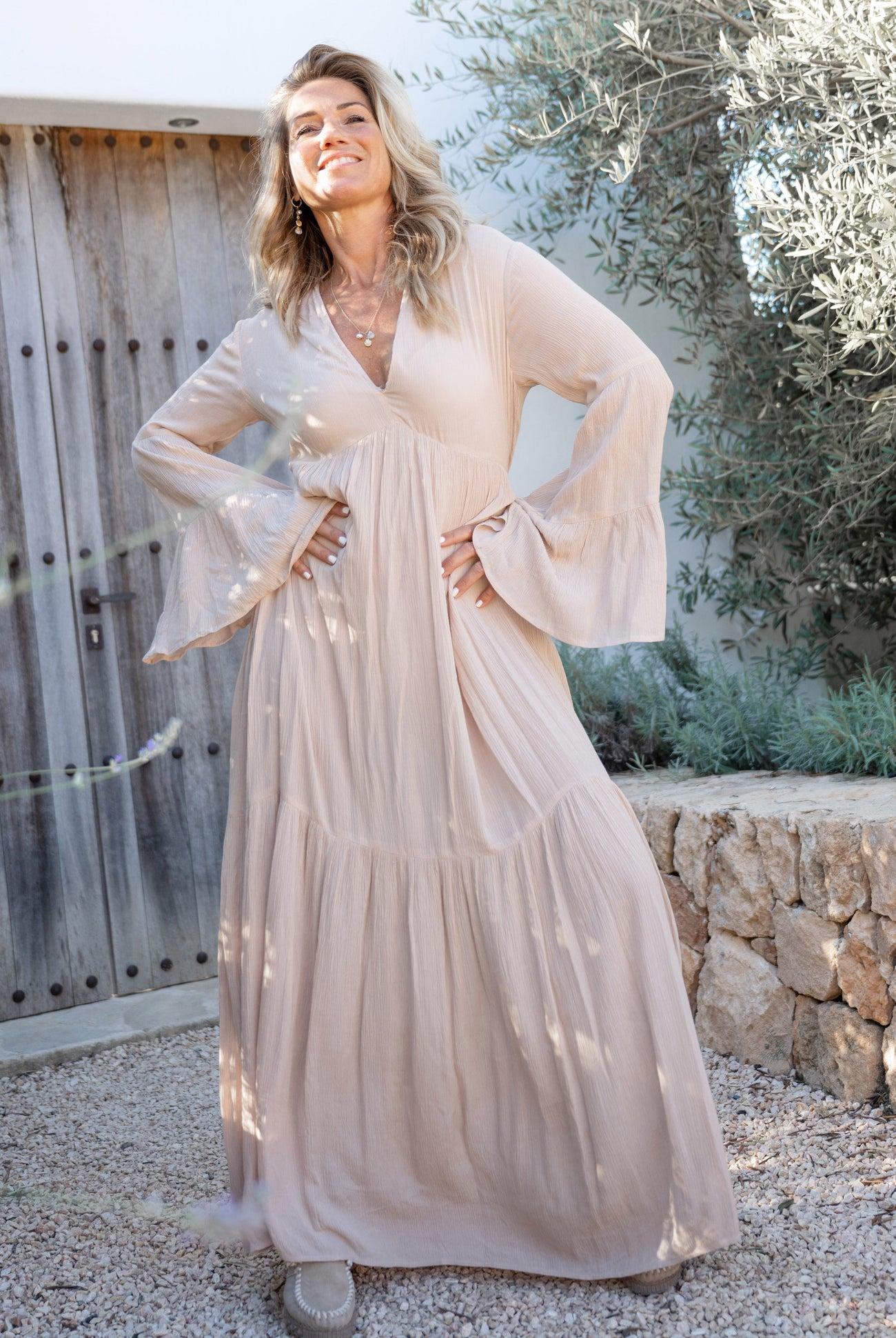Bohemian jurk in light taupe van ibzmode, Brands of Ibiza