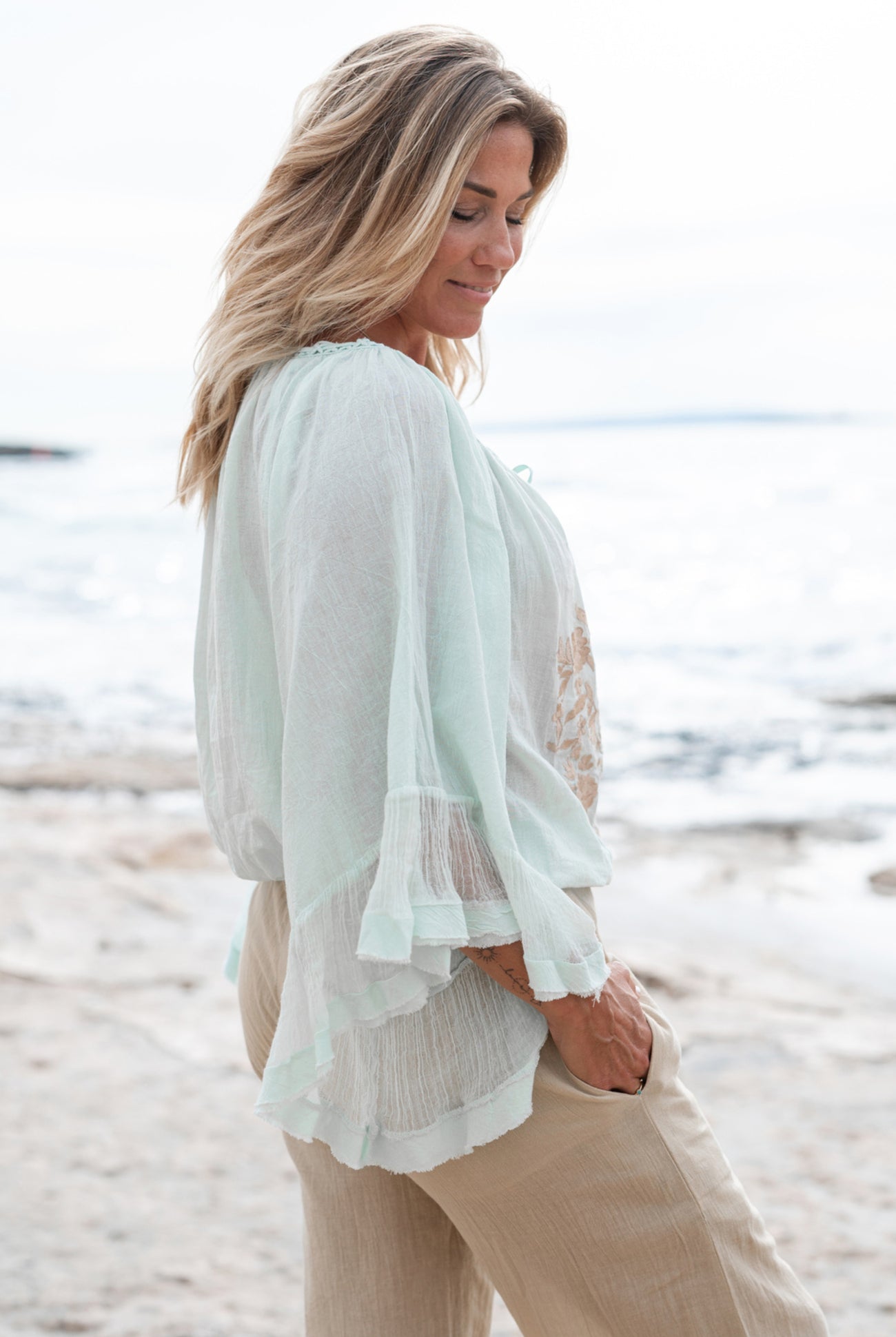 Mint-colored Bohemian blouse by ibzmode, Brands of Ibiza