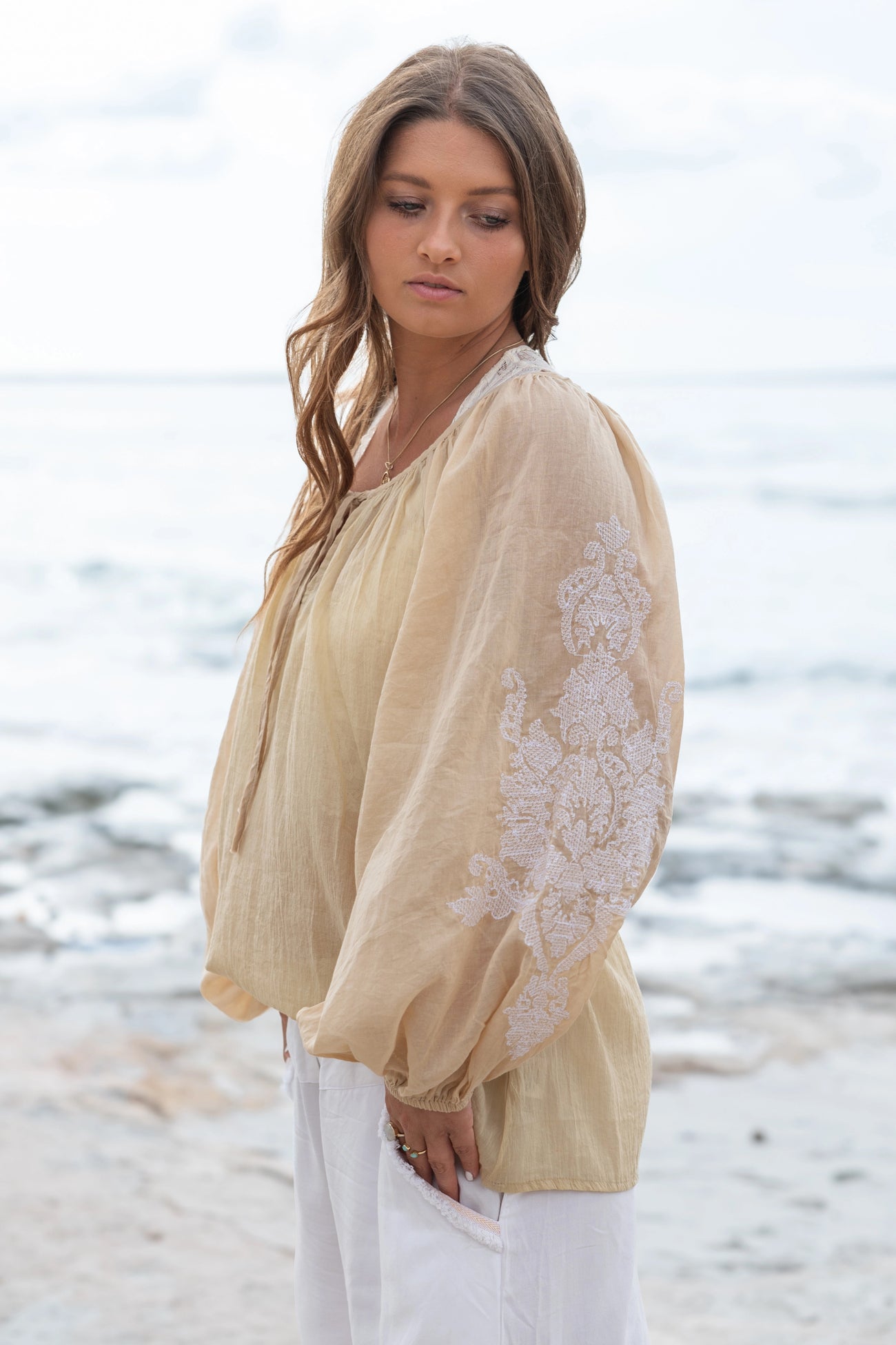 Bohemian blouse in sand van ibzmode, Brands of Ibiza