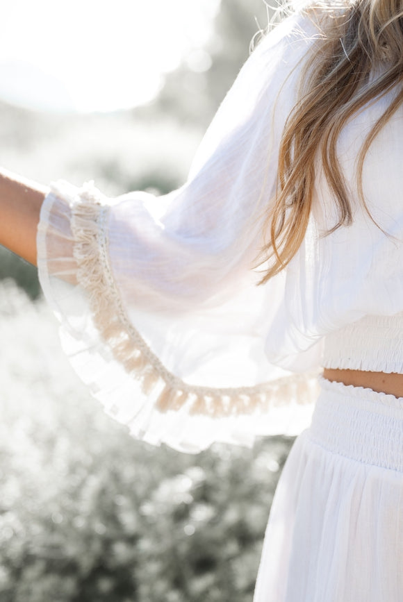 Bohemian top in white van ibzmode, Brands of Ibiza