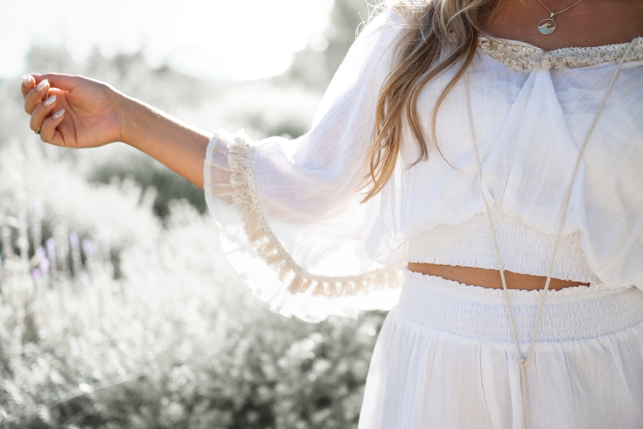 Bohemian top in white van ibzmode, Brands of Ibiza