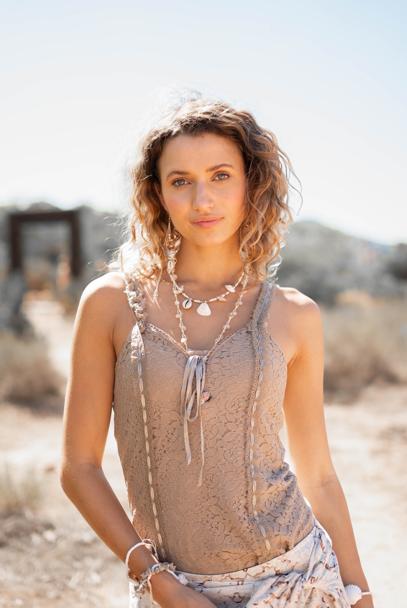 Isla Ibiza Bonita lace singlet Plata taupe with tie front detail