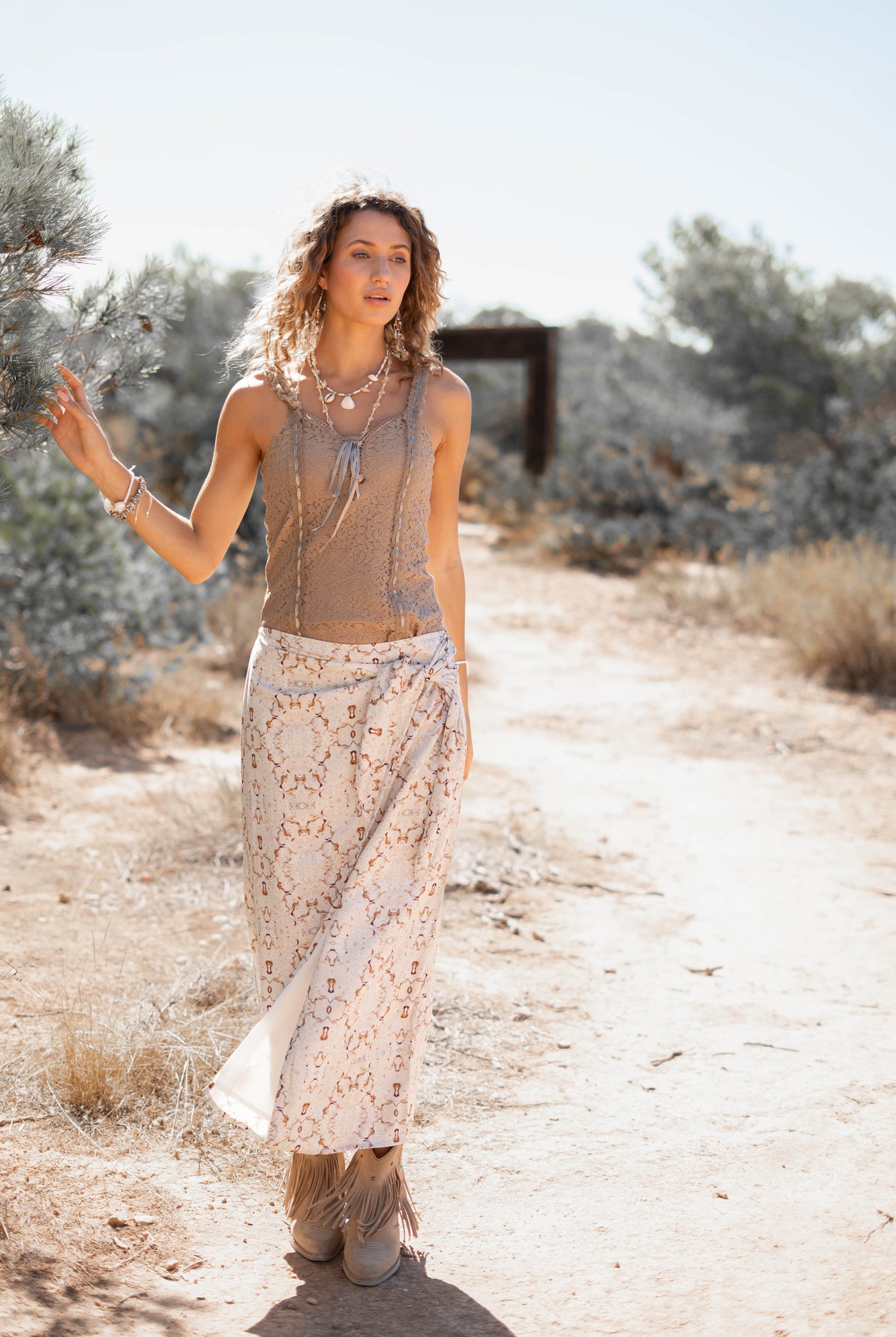 Isla Ibiza Bonita lace singlet Plata taupe with tie front detail