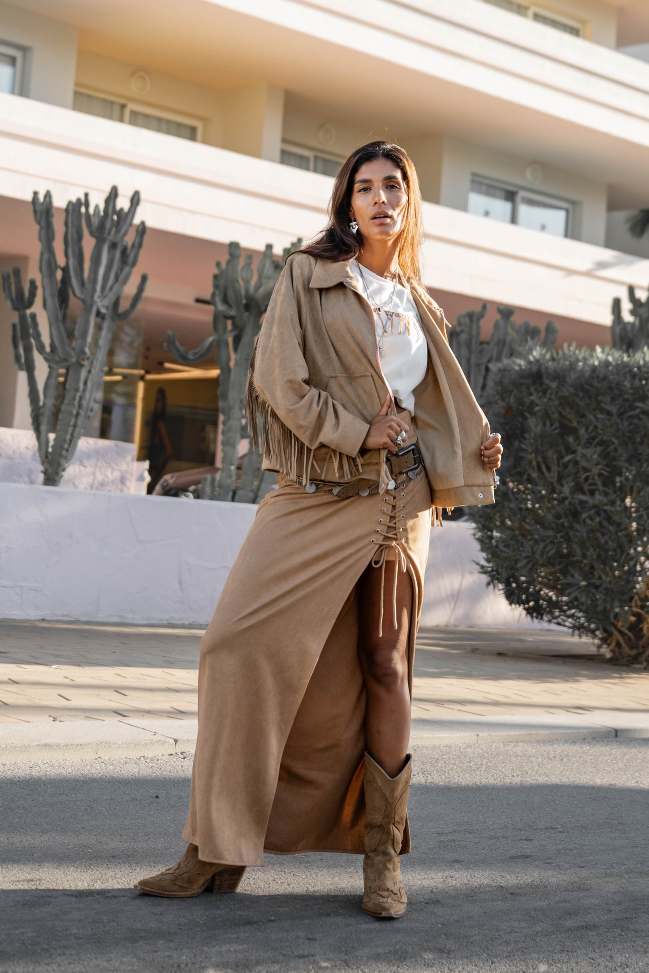 Ibizamode Moost Wanted Blake Skirt beige maxi skirt with lace up side detail