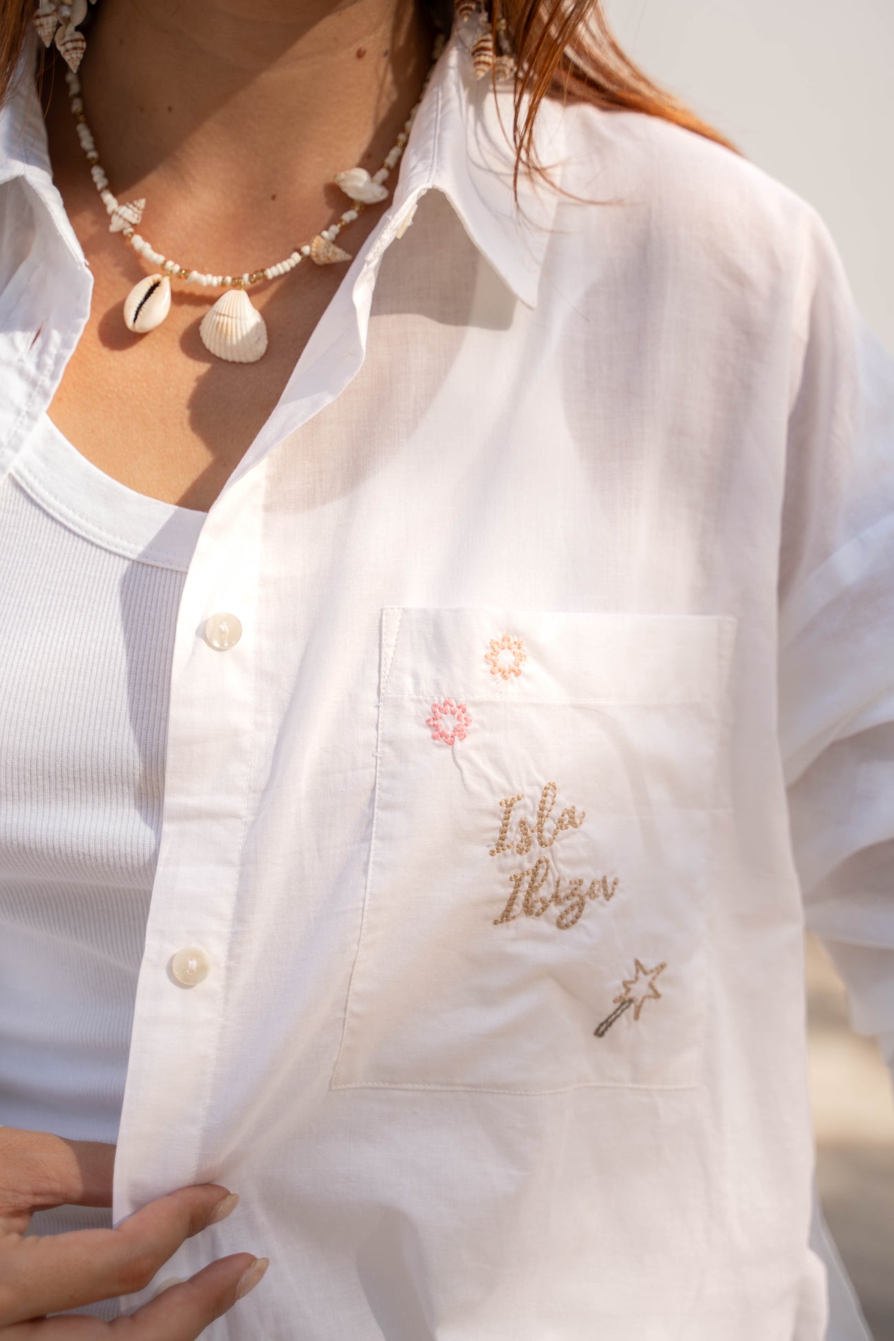 Isla Ibiza white embroidered blouse Sombra with delicate details