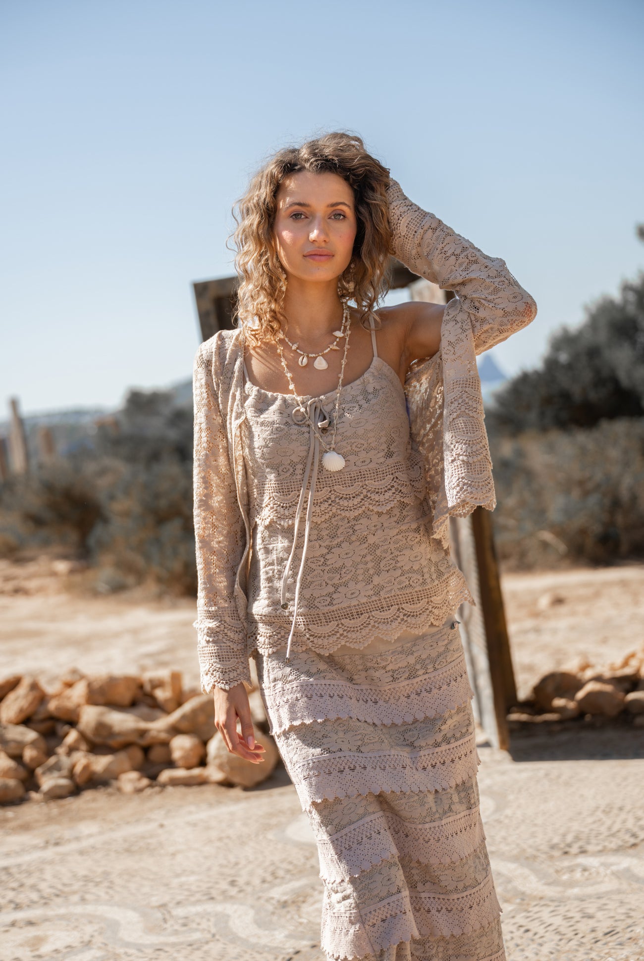 Isla Ibiza Bonita ladies lace blouse Perla khaki with romantic details