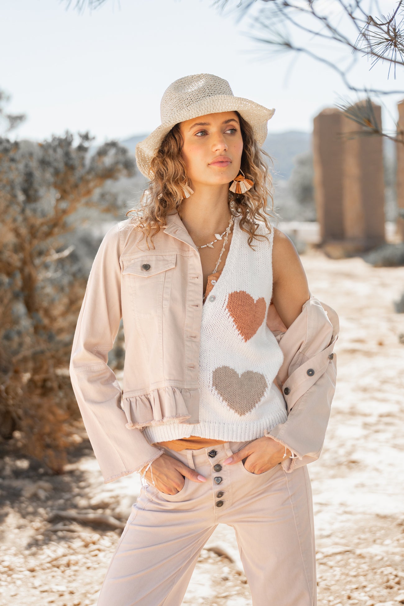 Isla Ibiza Bonita denim jacket Cabo khaki with ruffle hem and button front