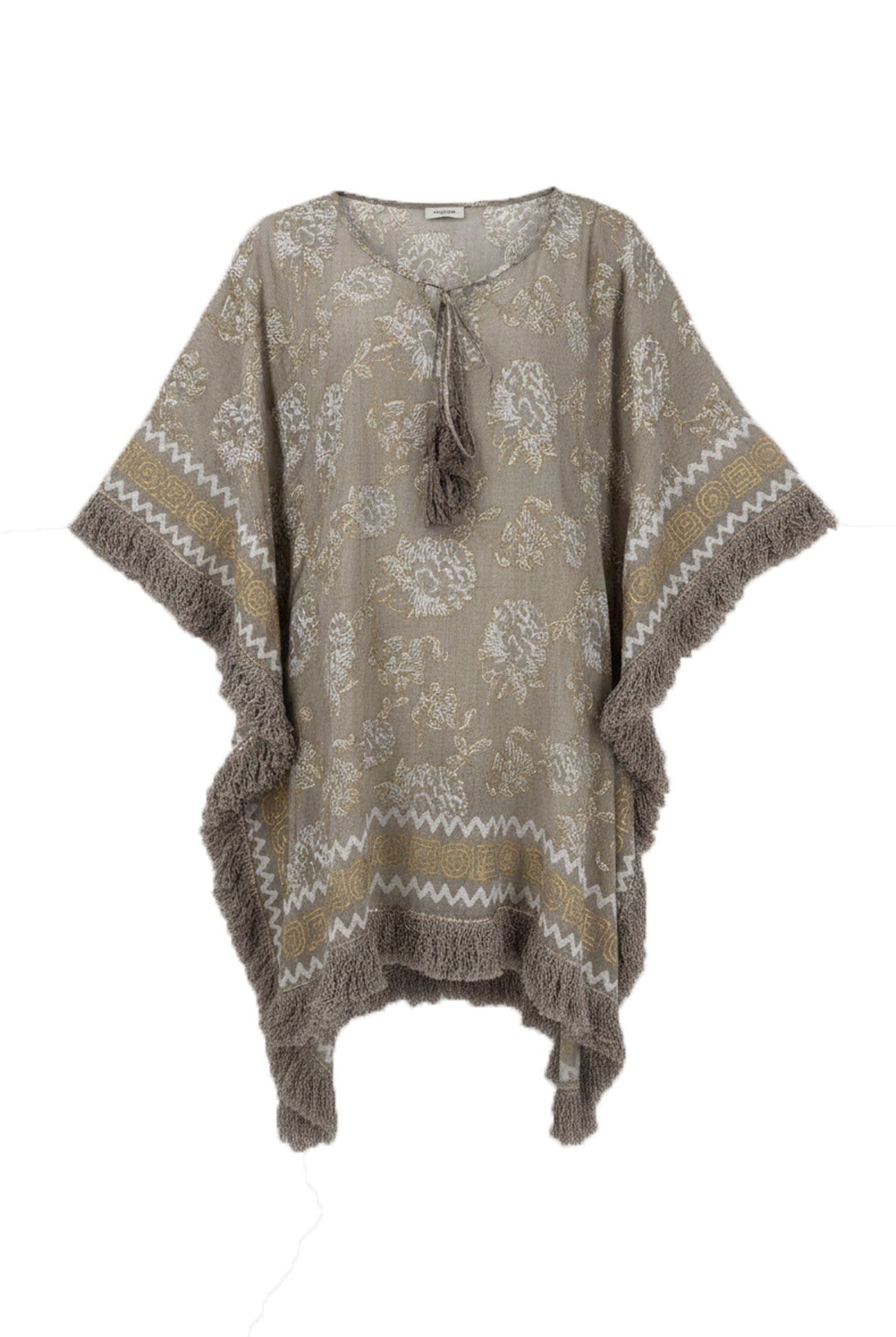 Ibzmode Short Kaftan Tavina Lumira Taupe with golden foil details and fringes