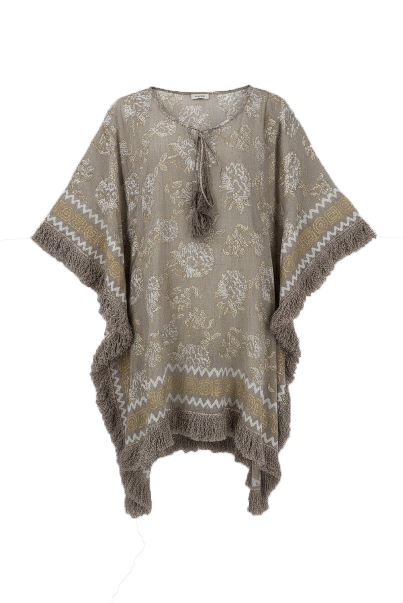 Ibzmode Short Kaftan Tavina Lumira Taupe with golden foil details and fringes