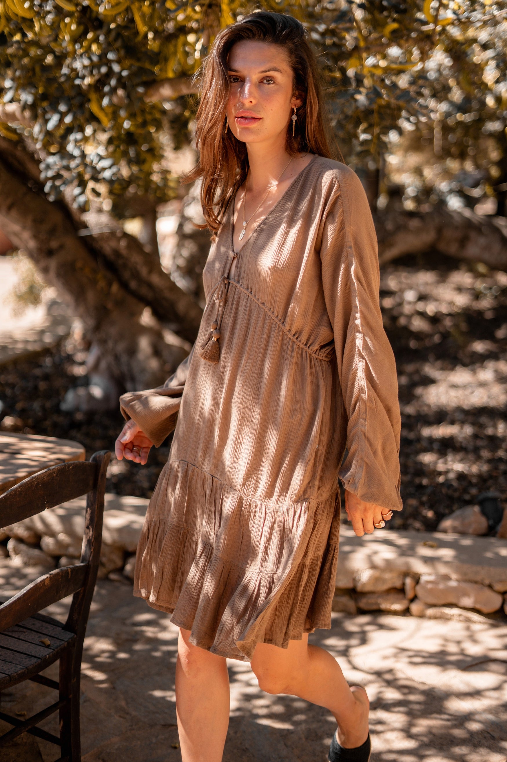 Bohemian jurk in taupe van ibzmode, Brands of Ibiza