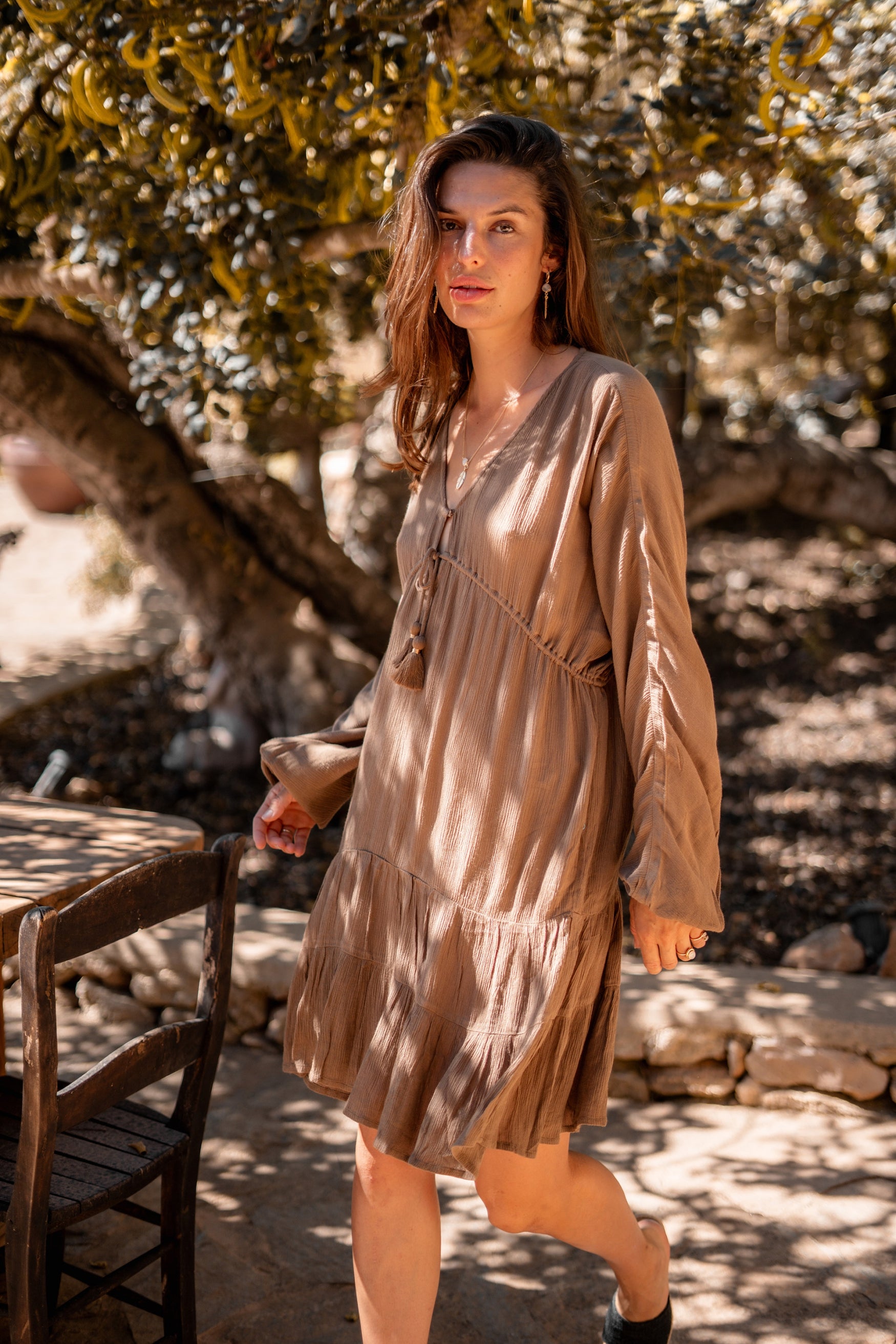 Bohemian jurk in taupe van ibzmode, Brands of Ibiza