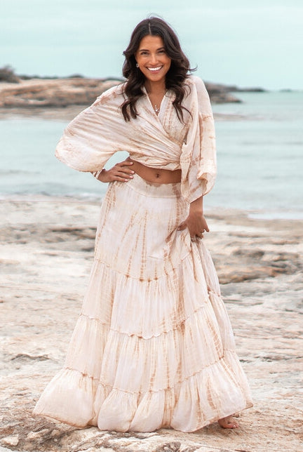 Bohemian rok in tie dye taupe van ibzmode, Brands of Ibiza