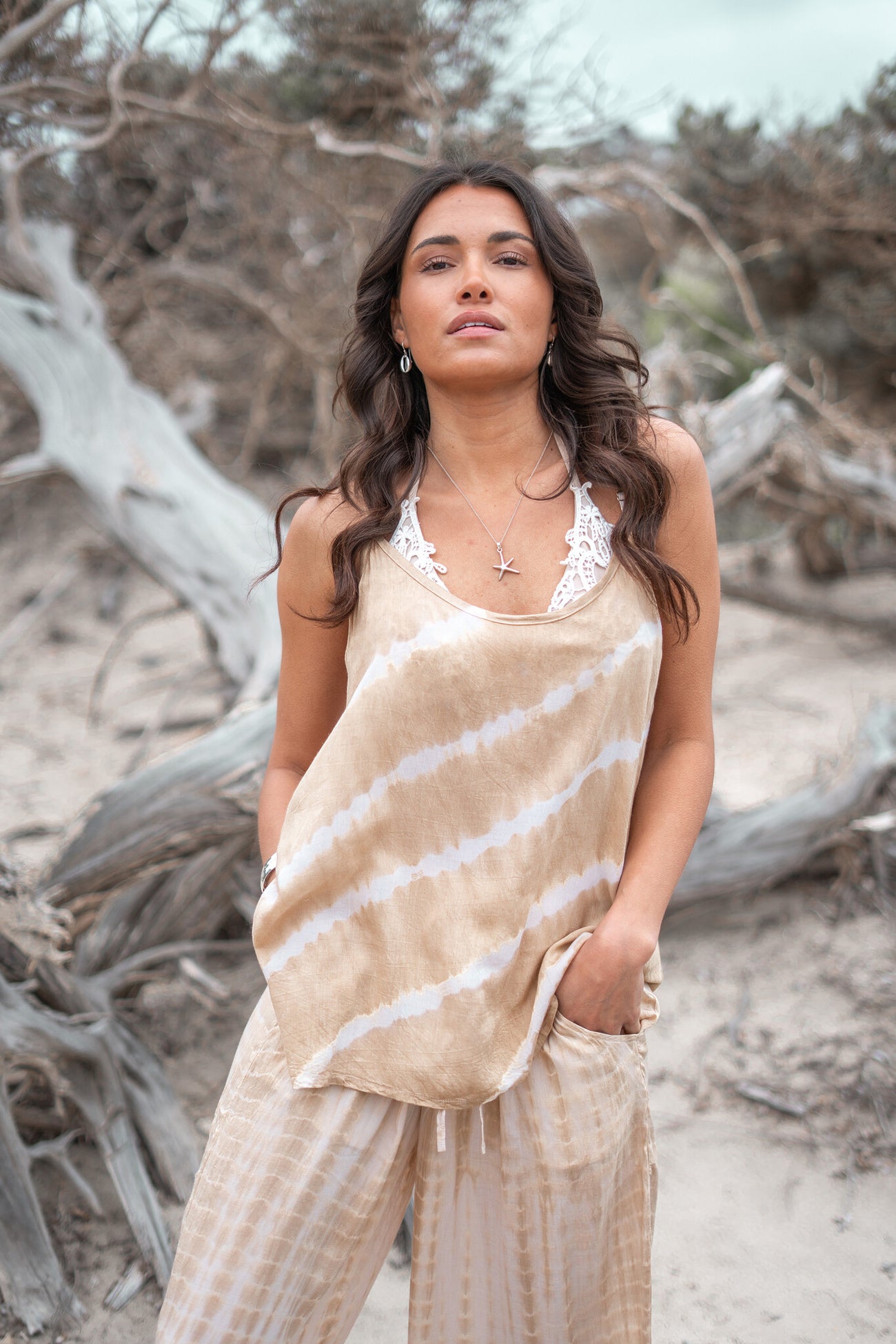 Bohemian top in tie dye sand/ beige van ibzmode, Brands of Ibiza