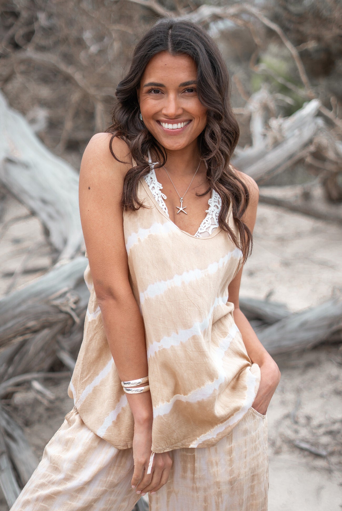 Bohemian top in tie dye sand/ beige van ibzmode, Brands of Ibiza