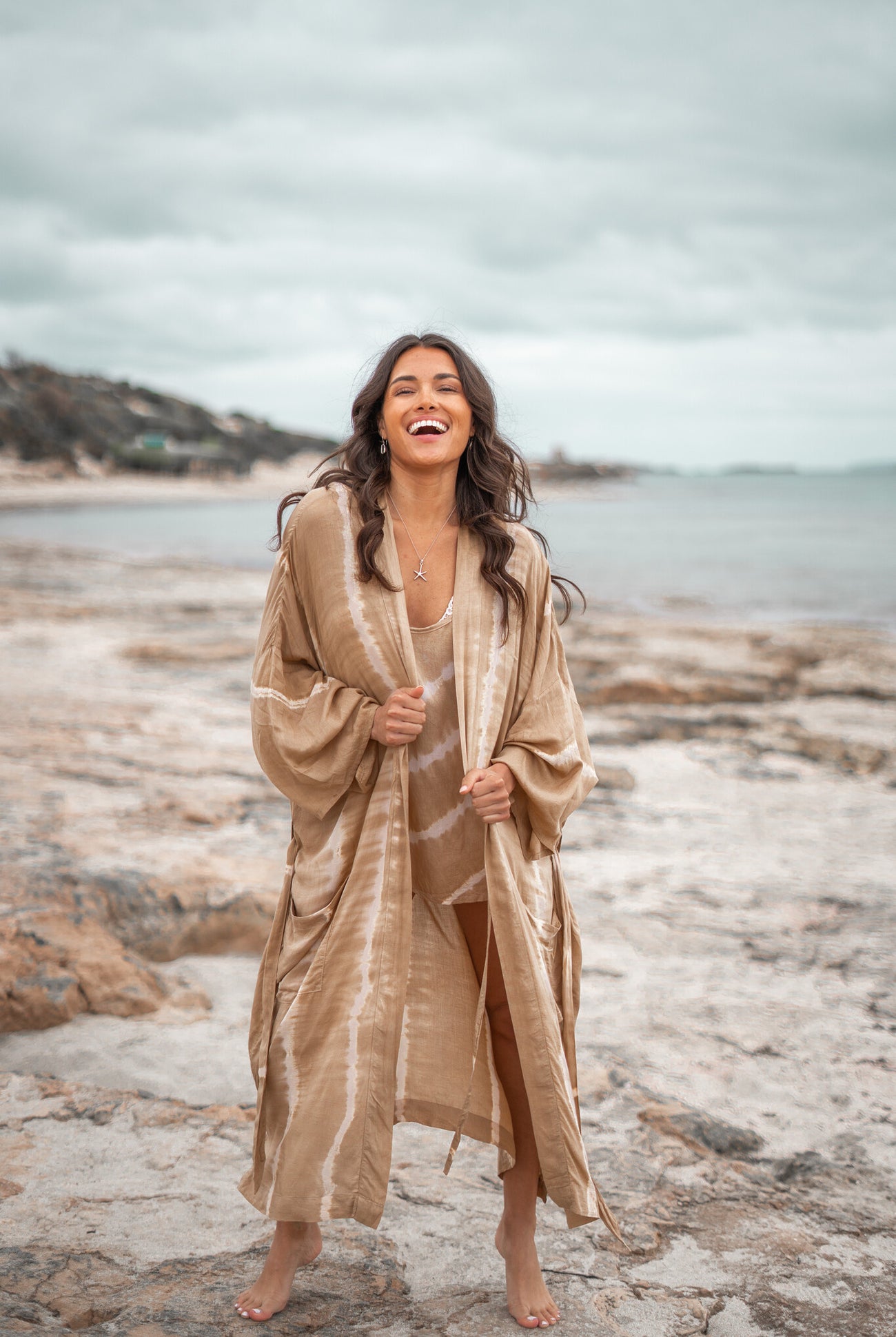 Bohemian kimono in tie dye sand/ beige van ibzmode, Brands of Ibiza