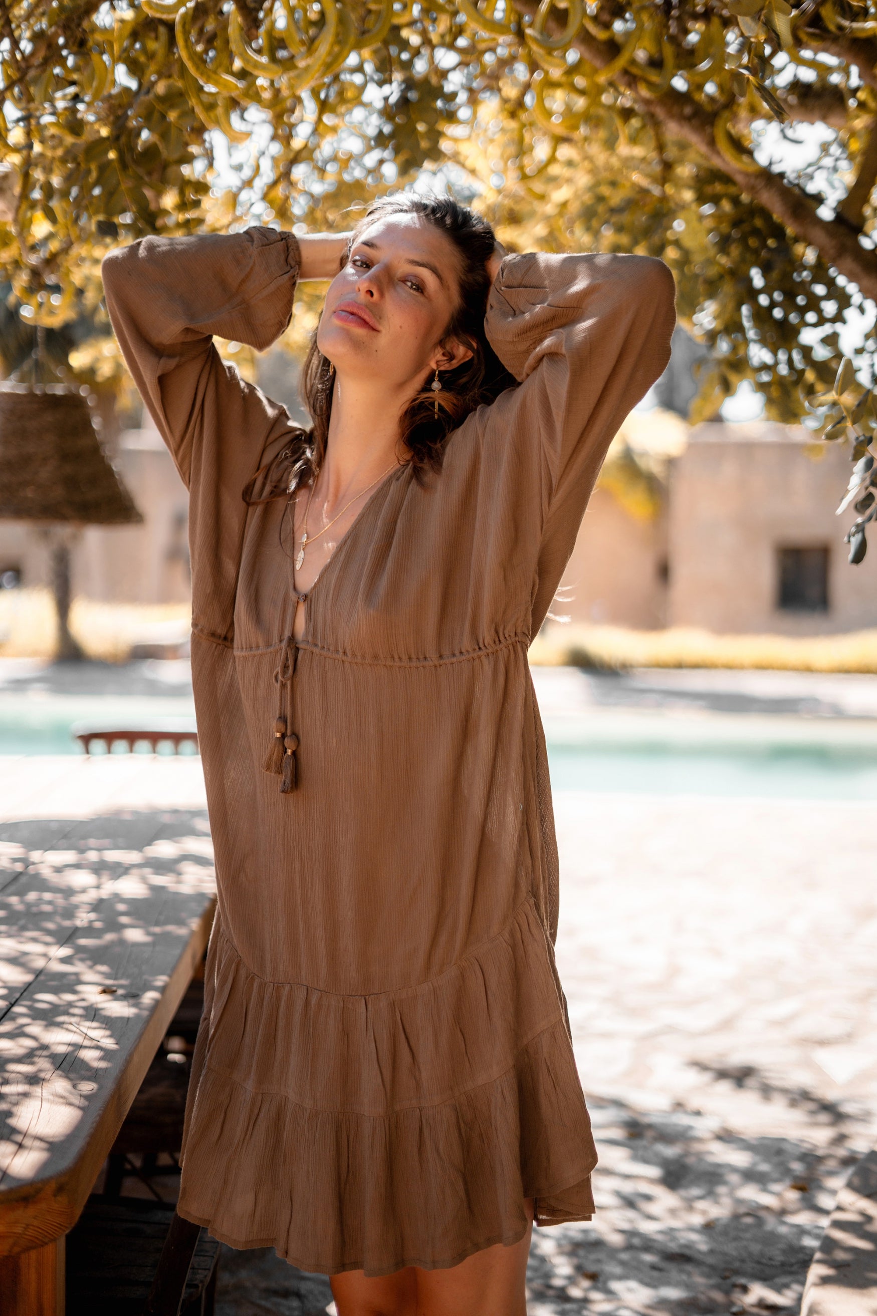 Bohemian jurk in taupe van ibzmode, Brands of Ibiza