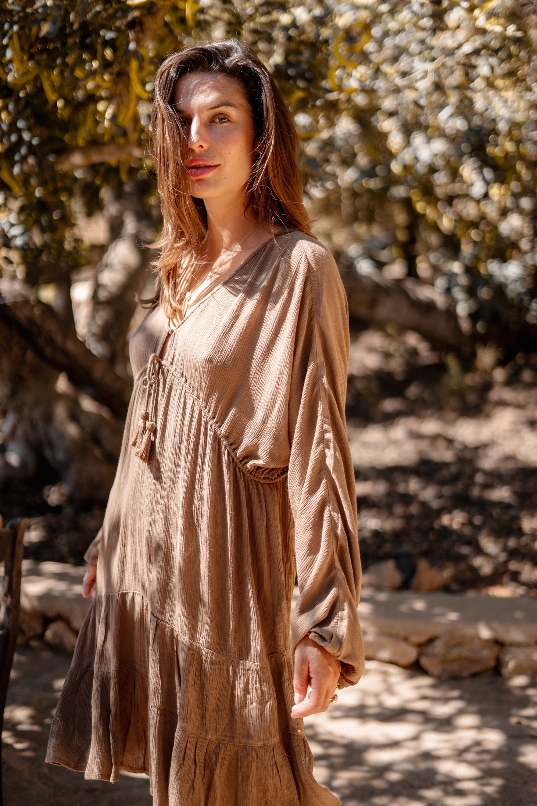 Bohemian jurk in taupe van ibzmode, Brands of Ibiza