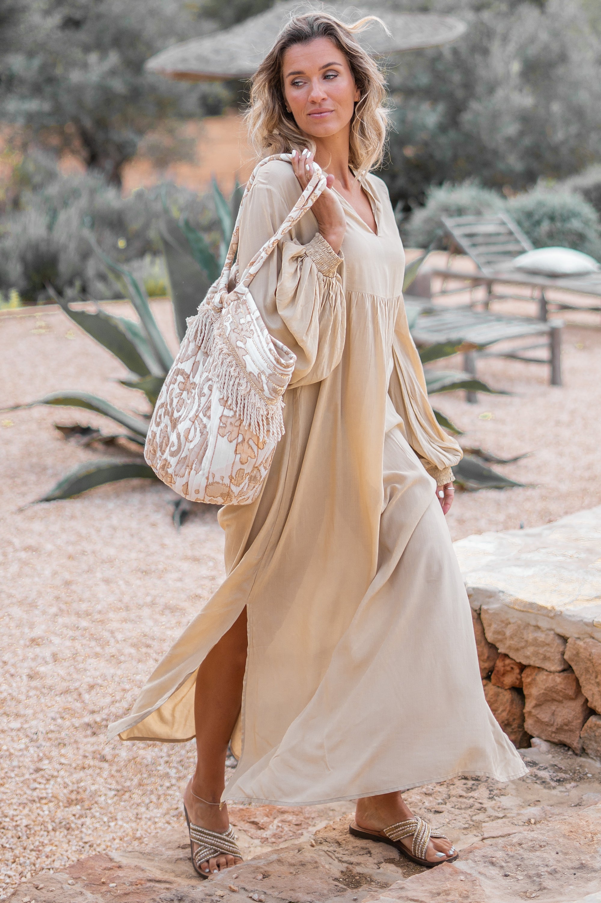 Bohemian jurk in sand van ibzmode, Brands of Ibiza