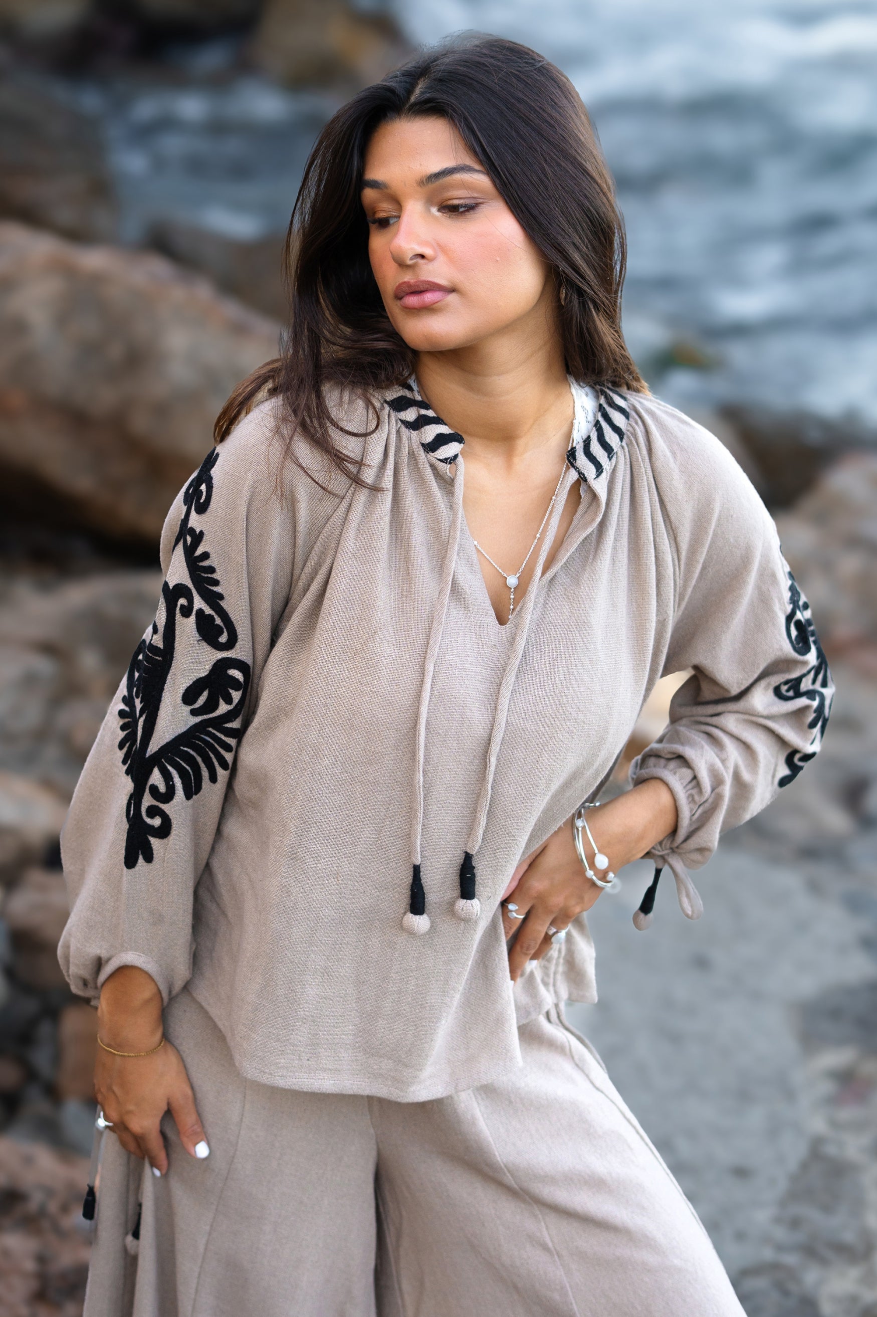 Bohemian blouse in taupe van ibzmode, Brands of Ibiza