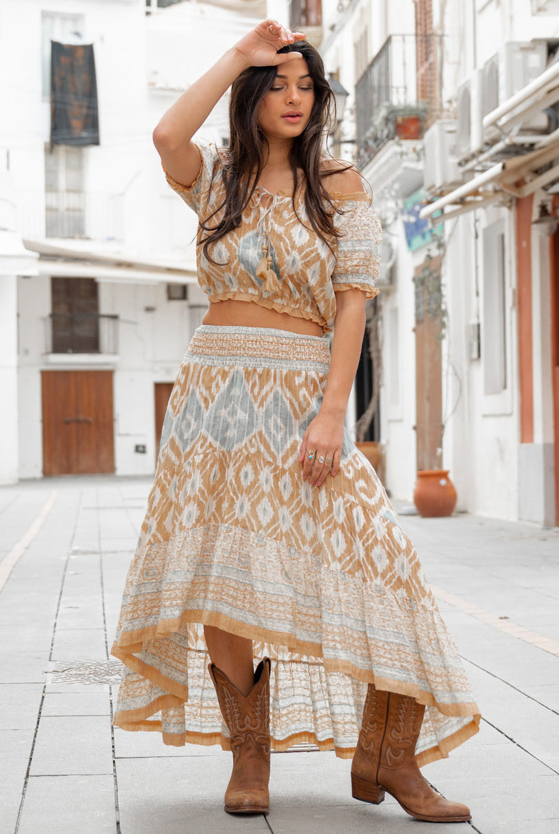 Falda bohemia en camel de ibzmode, Marcas de Ibiza