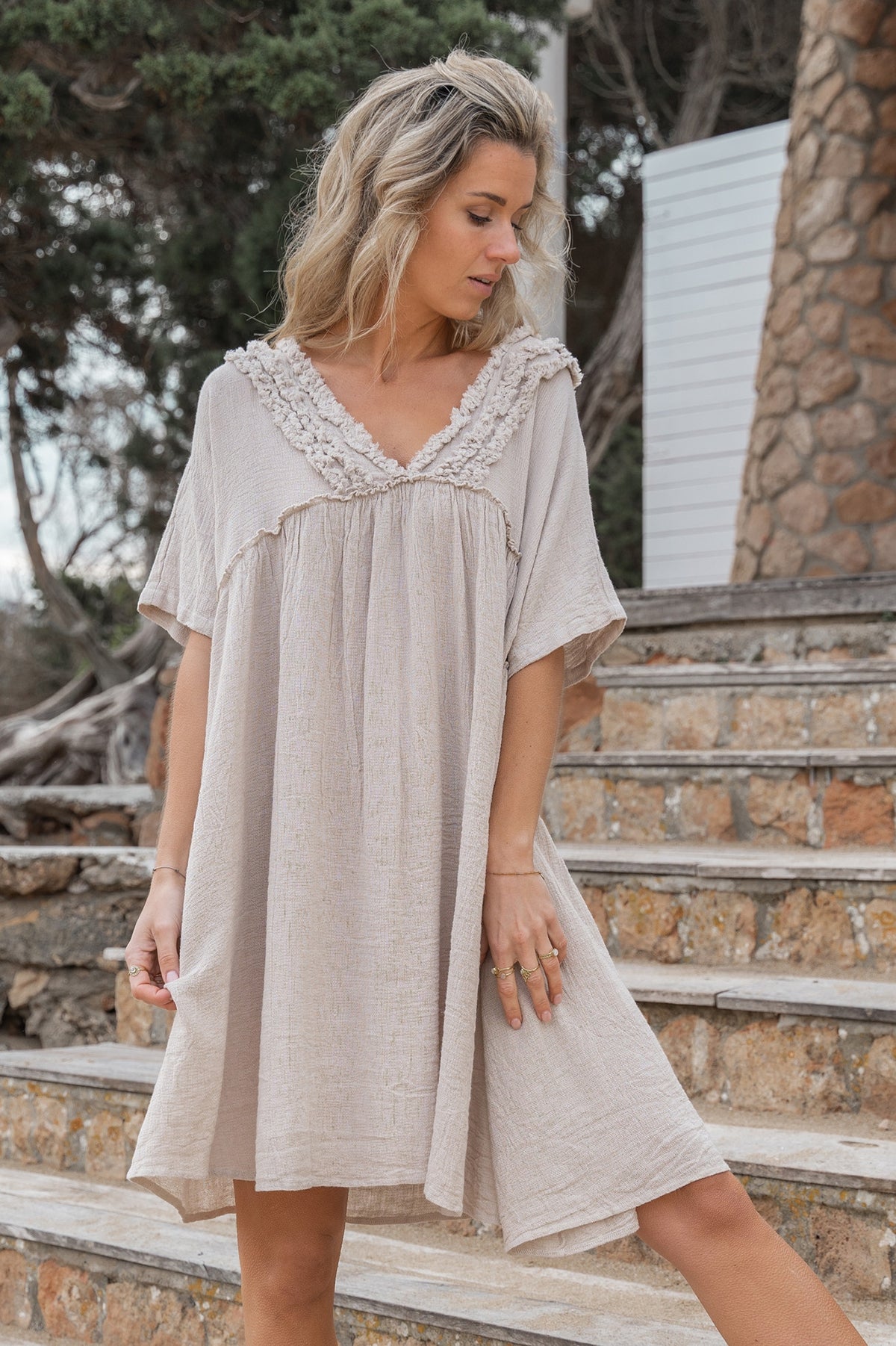 Bohemian jurk in taupe van ibzmode, Brands of Ibiza