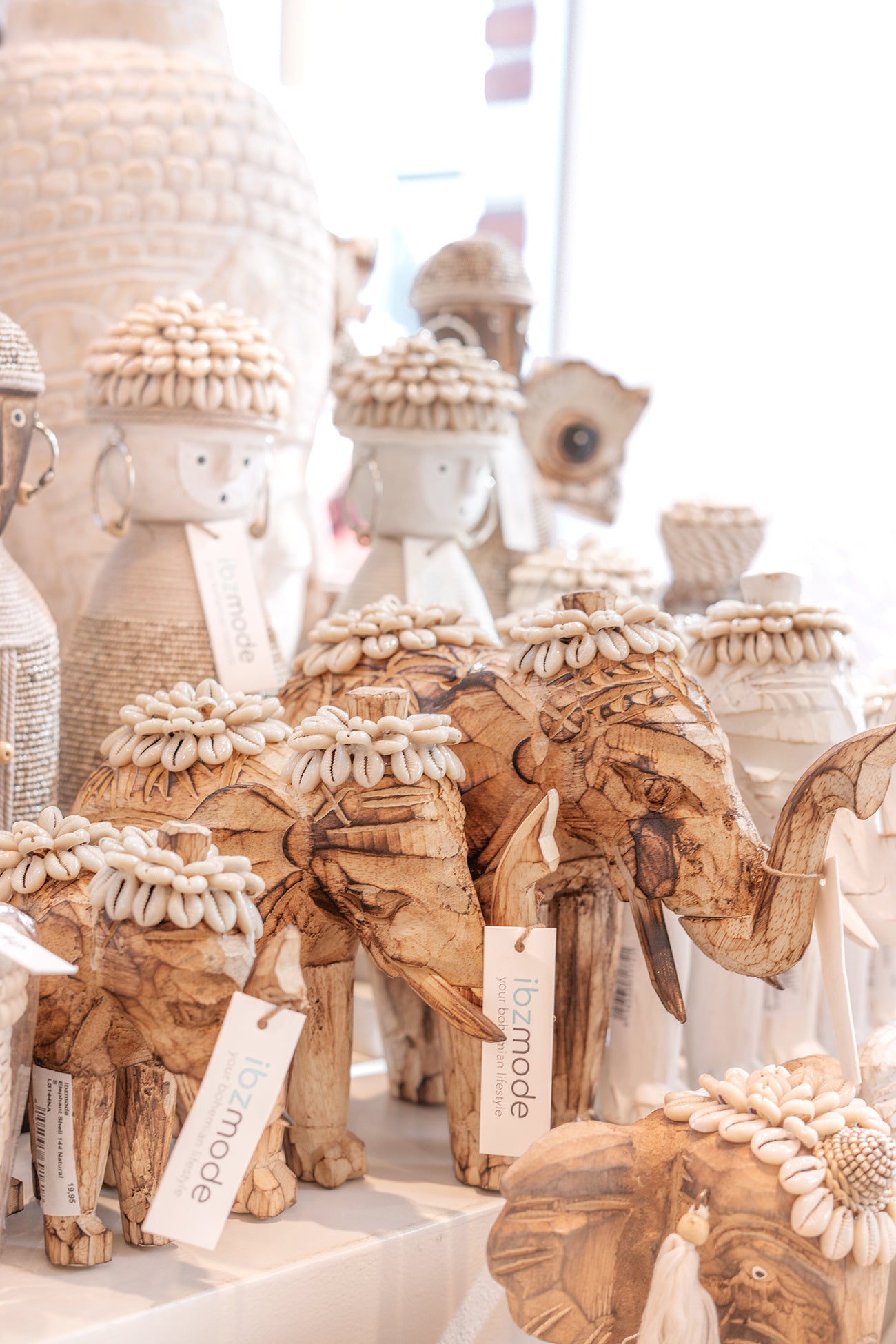 Ibizamode handcrafted wooden elephant decor with shell details in bohemian interior