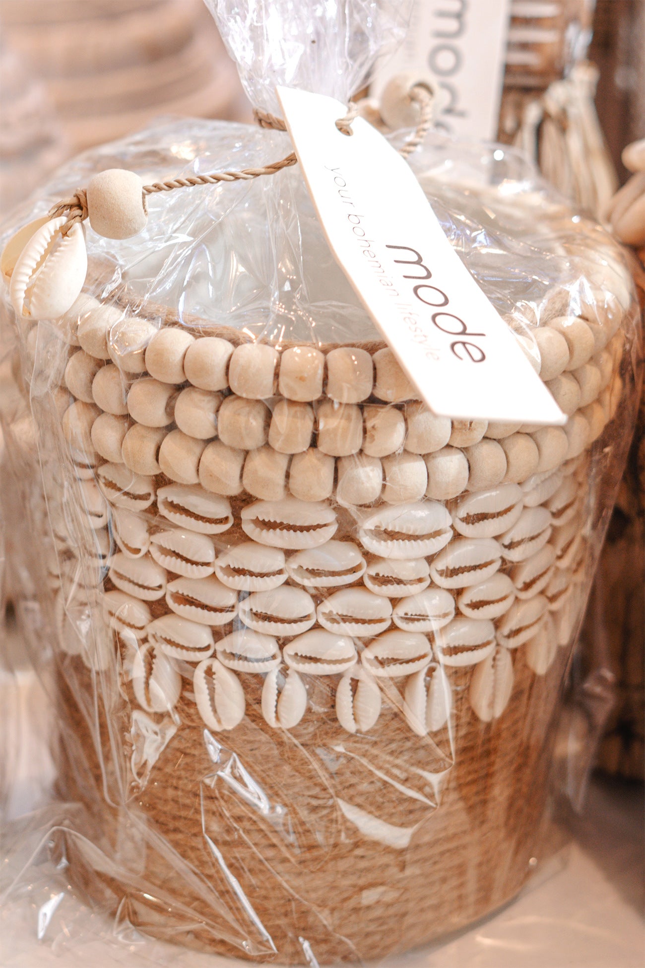 Ibizamode small handmade basket with shell details in bohemian bathroom interior