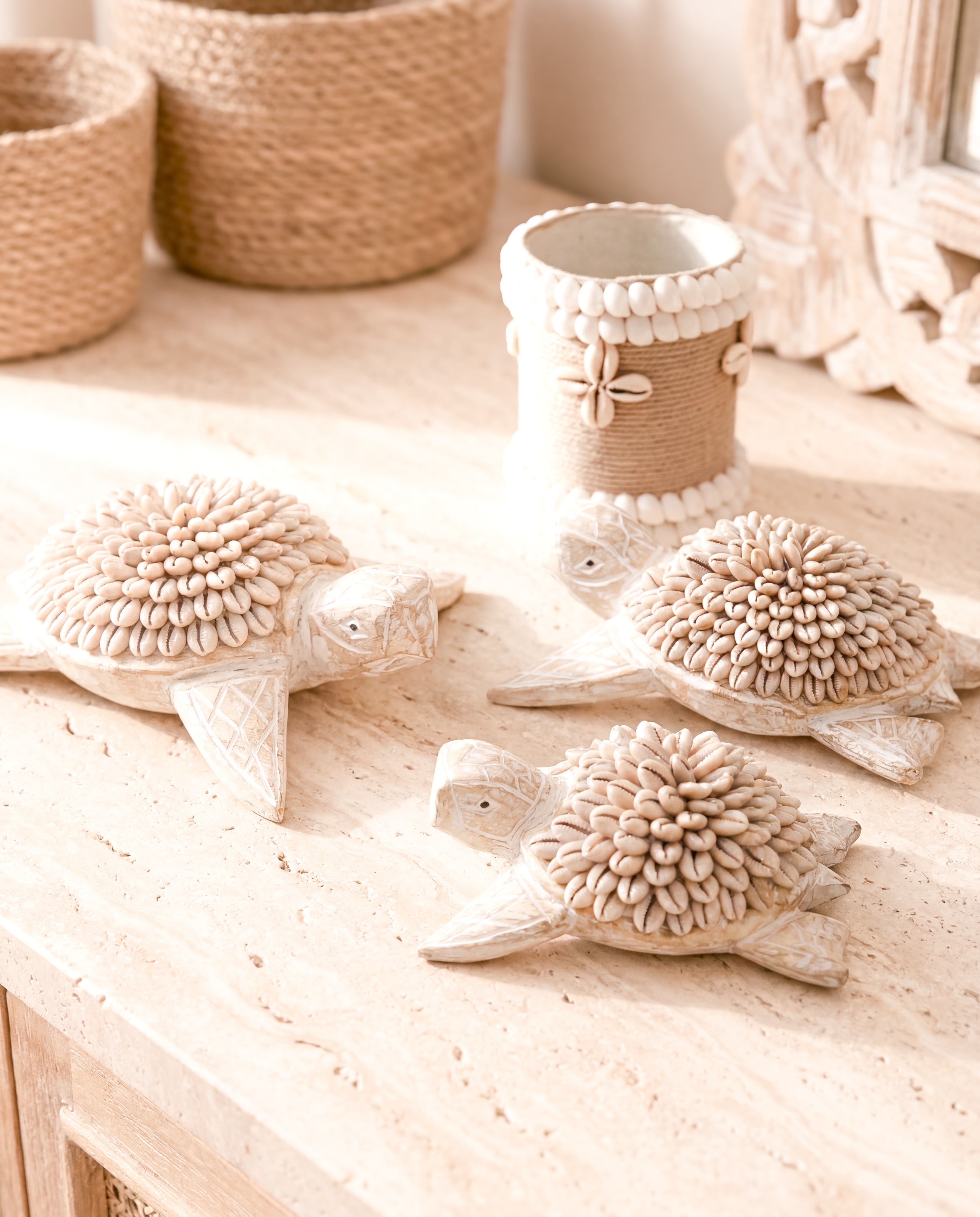 Ibizamode handcrafted turtle decor with shell details in natural bohemian interior