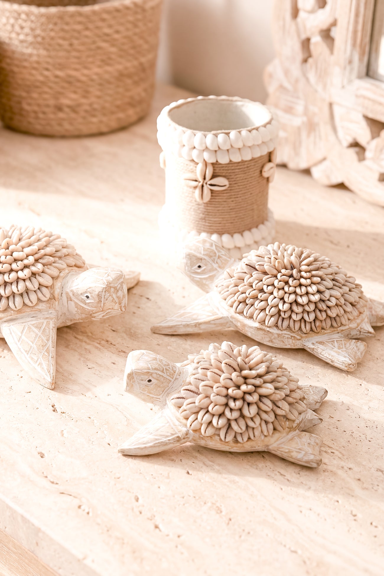 Ibizamode small handmade basket with shell details in bohemian bathroom styling